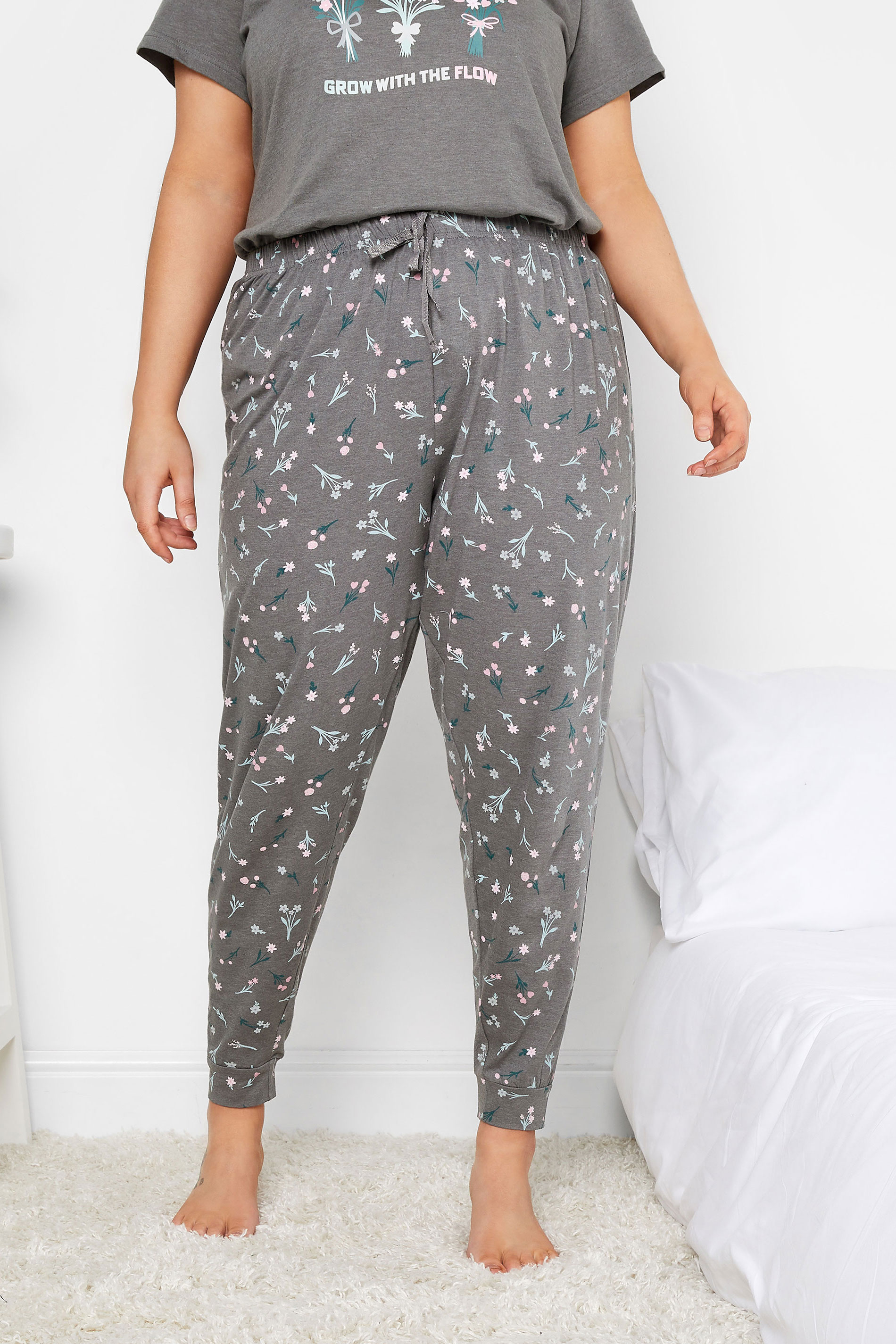YOURS Plus Size Curve Grey Floral Cuffed Pyjama Bottoms | Yours Clothing  1