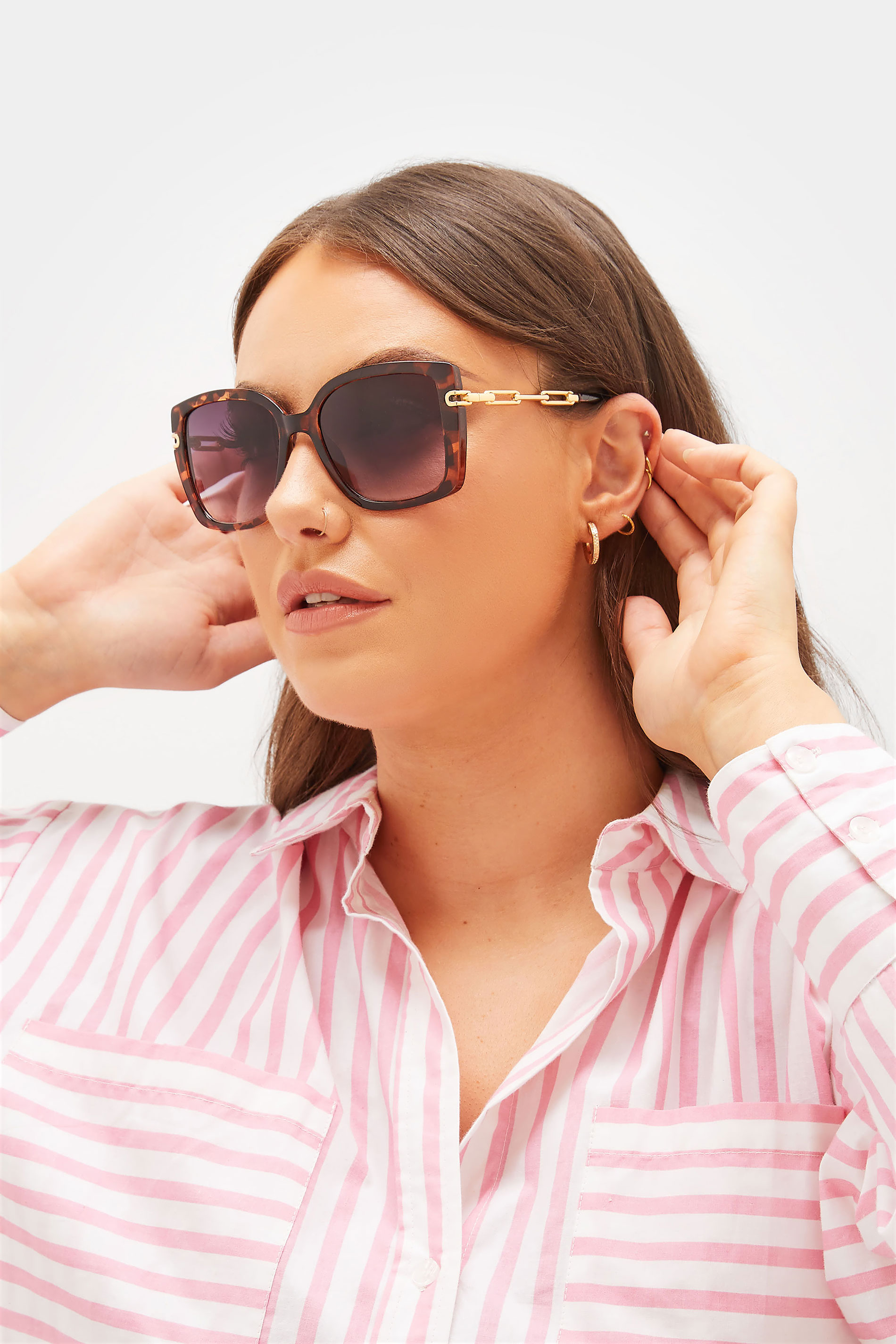 Plus Size Brown Tortoiseshell Oversized Chain Arm Sunglasses | Yours Clothing 1