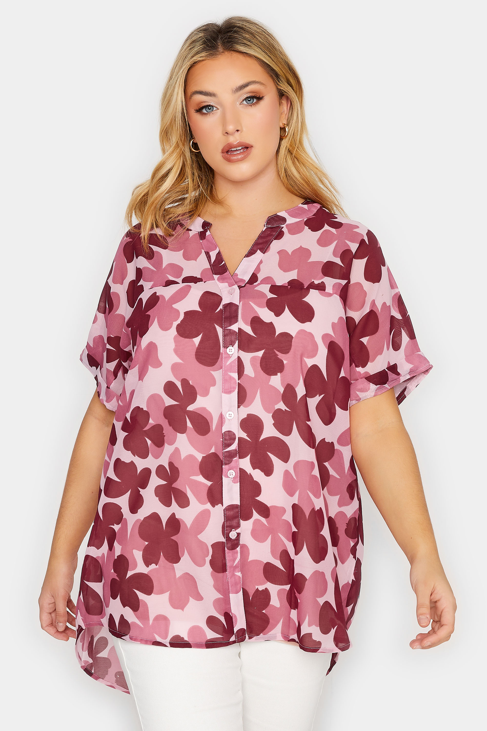 Plus Size Pink Floral Print Chiffon Grown On Sleeve Shirt | Yours Clothing 1