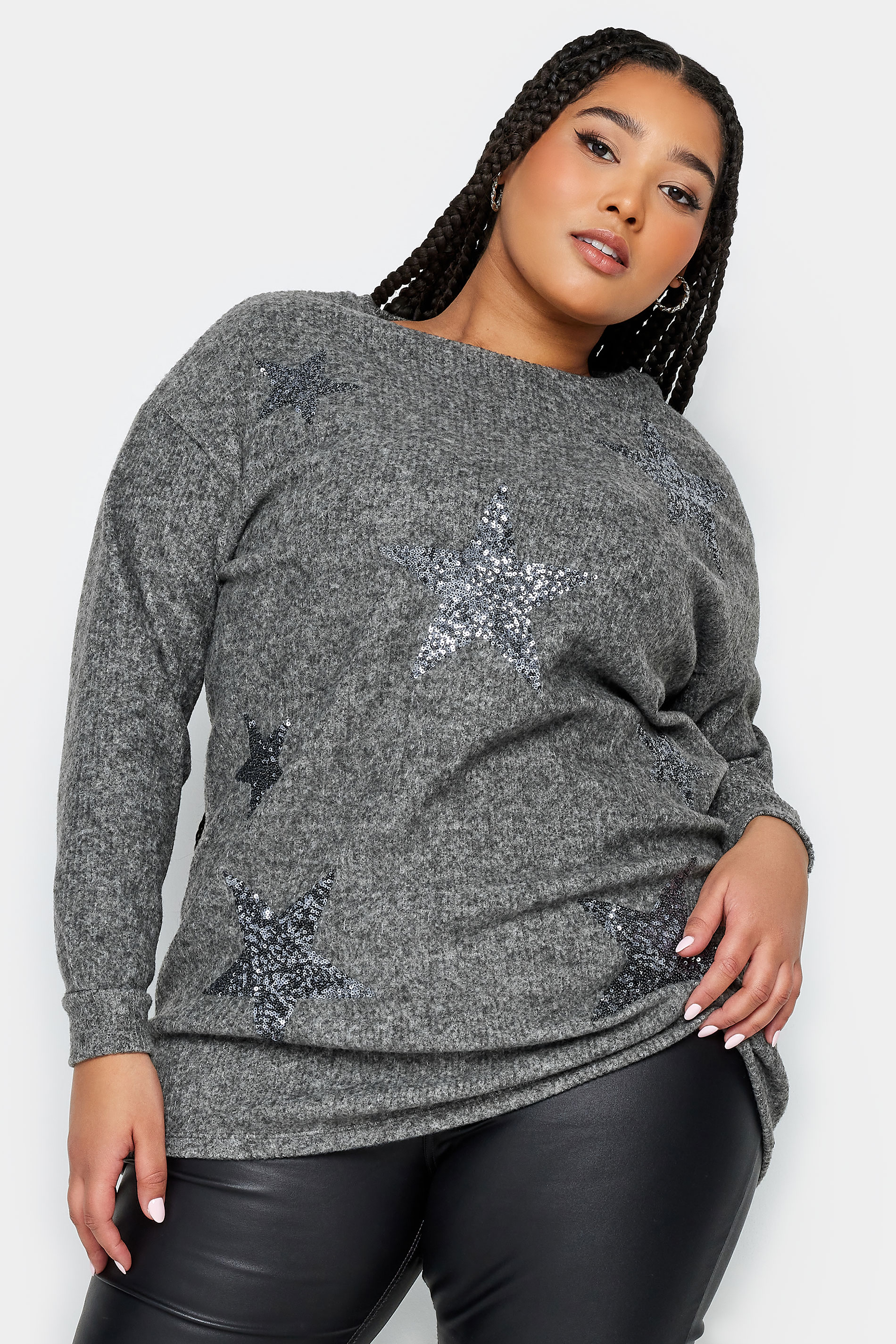 YOURS Plus Size Grey Sequin Star Soft Touch Top | Yours Clothing 1