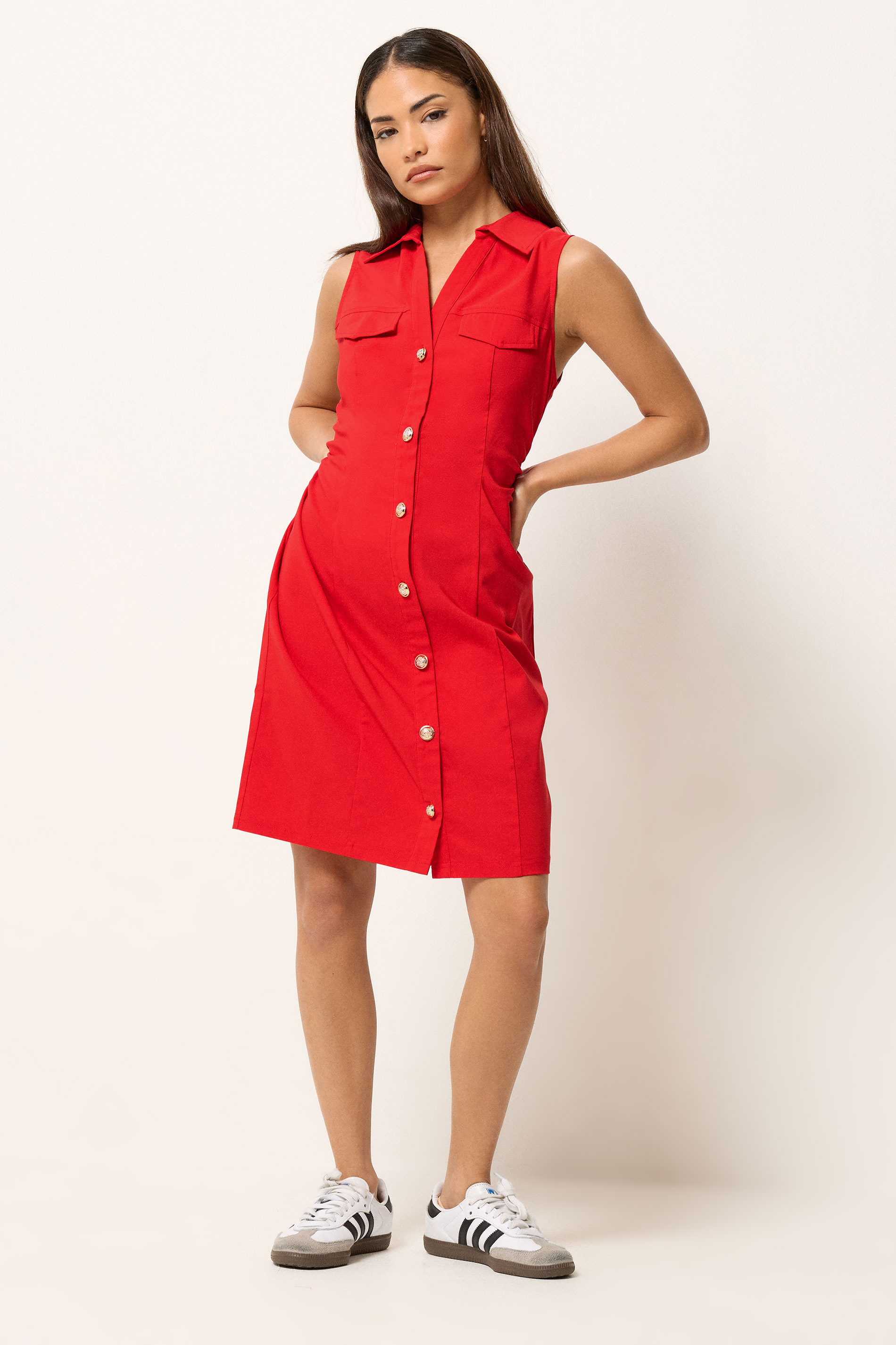 PixieGirl Petite Women's Red Ruched Shirt Mini Dress | PixieGirl 1
