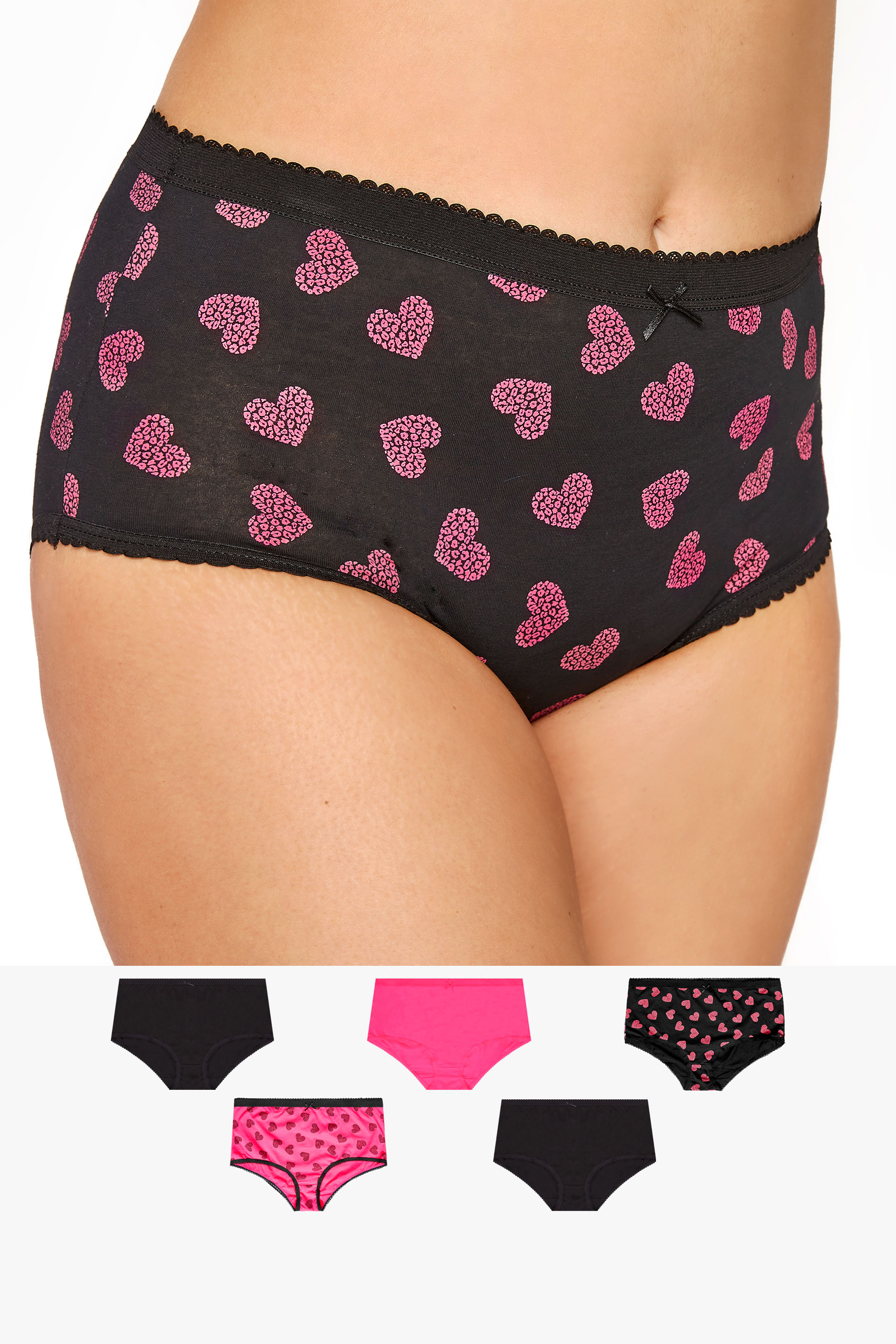 5 PACK Curve Black & Pink Animal Heart Print High Waisted Full Briefs 1