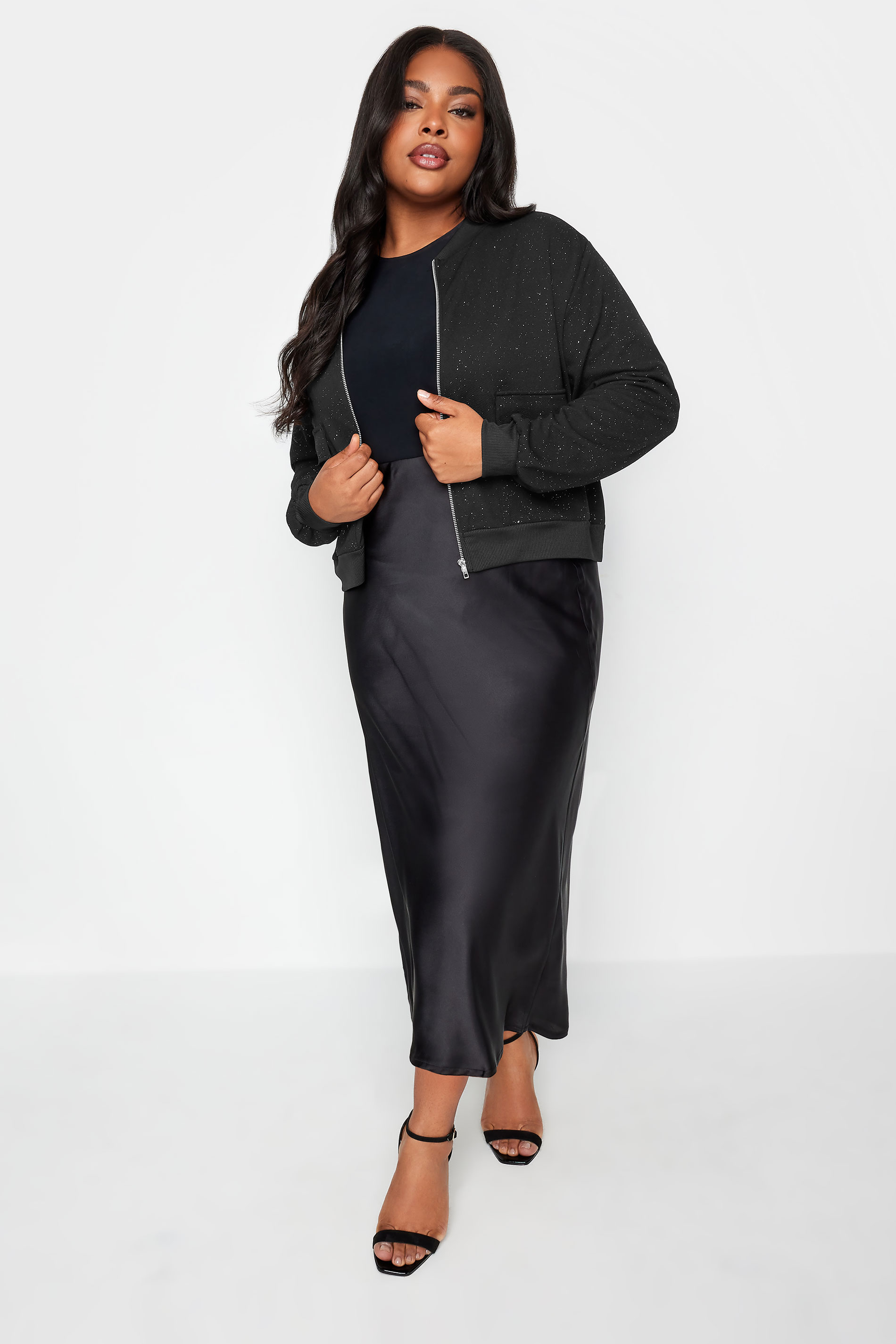 YOURS Plus Size Black Glitter Formal Bomber Jacket | Yours Clothing 3