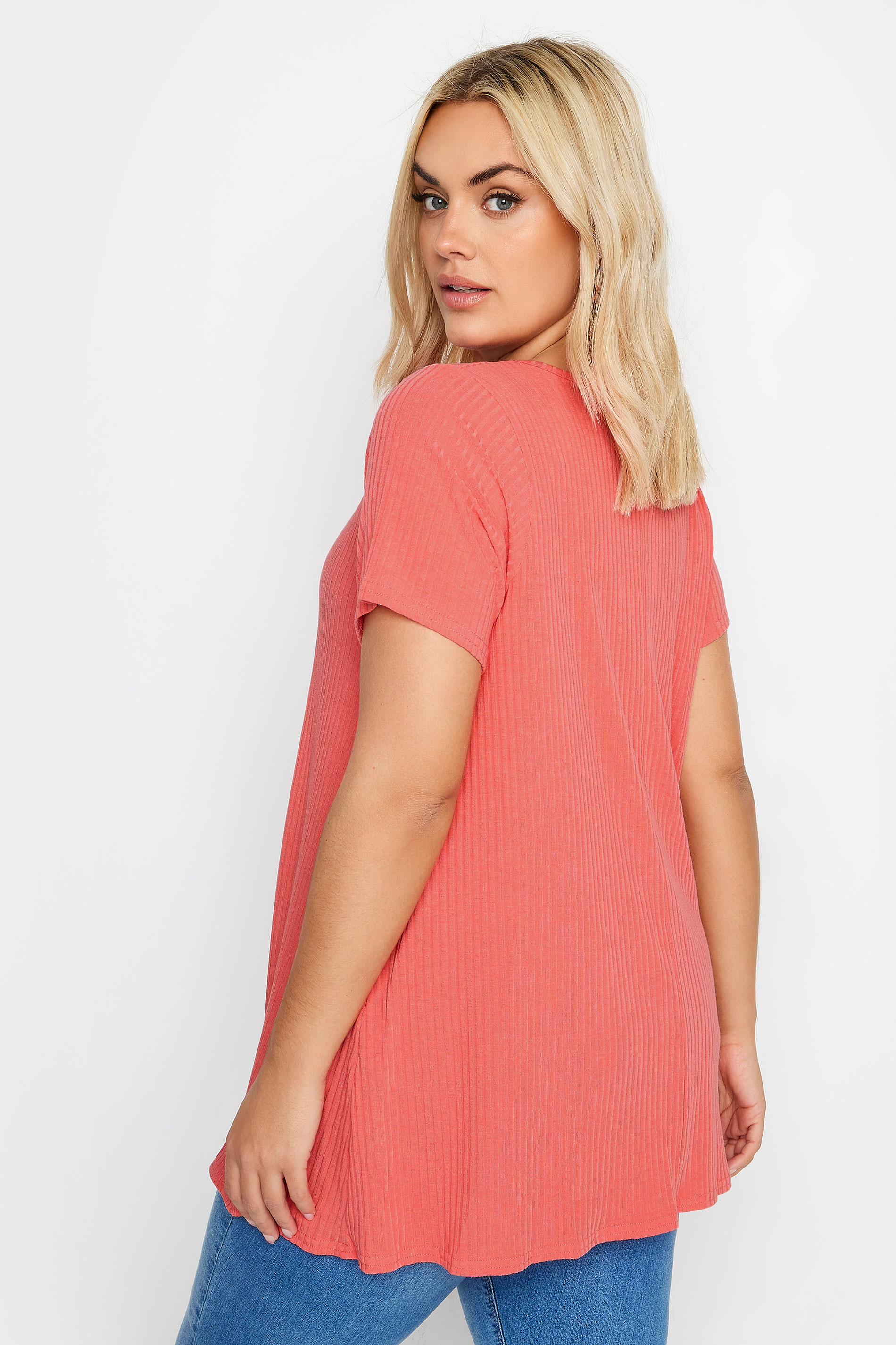 YOURS Plus Size Coral Orange Ribbed Swing Top | Yours Clothing 3