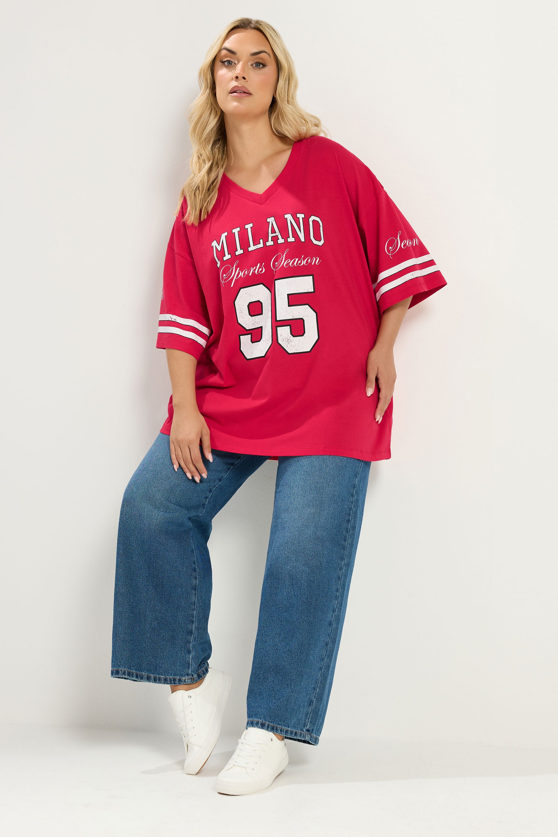 YOURS Plus Size Red 'Milano' Boxy Varsity T-Shirt | Yours Clothing 2