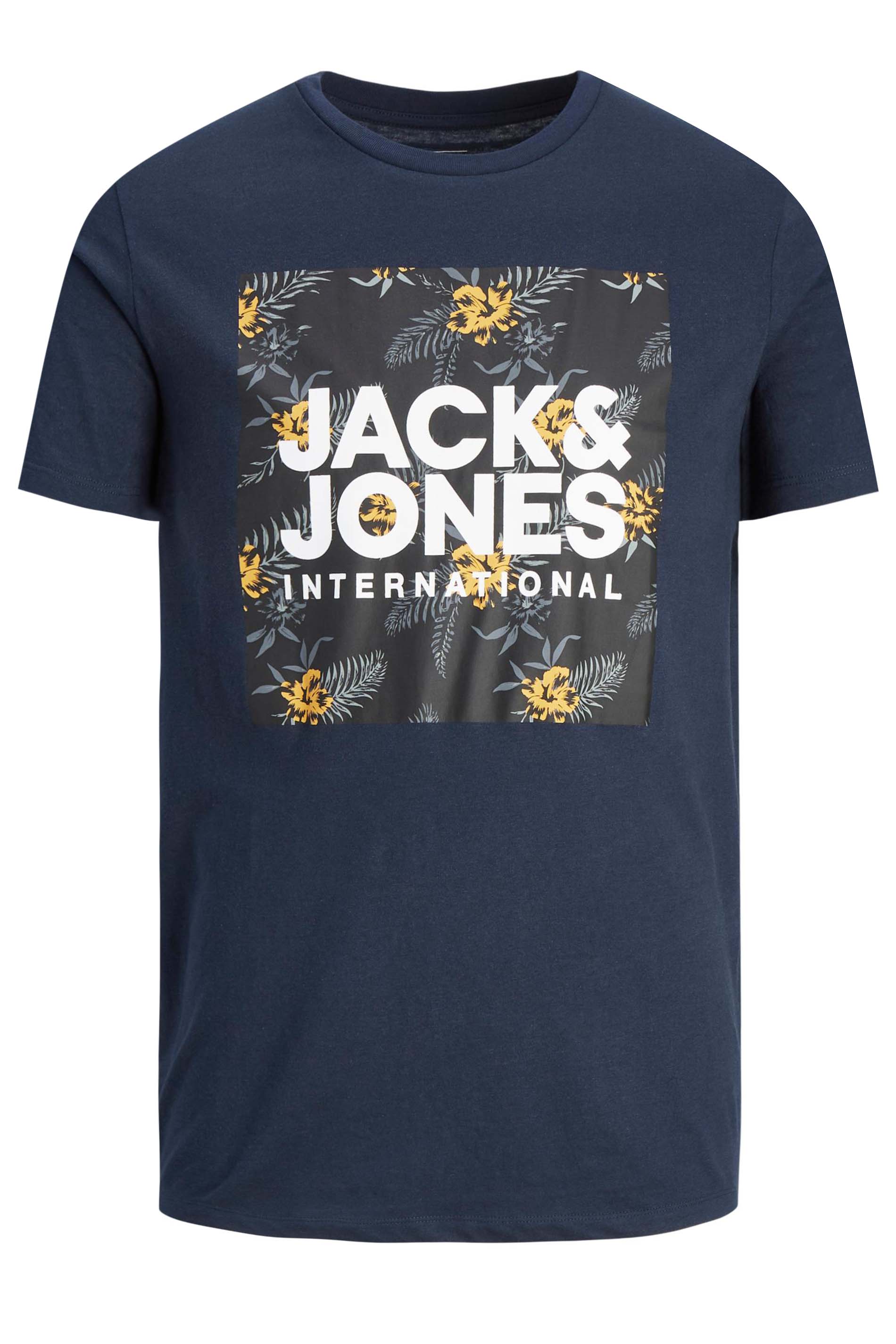 JACK & JONES Big & Tall Navy BlueTropical Logo Print T-Shirt | BadRhino 2
