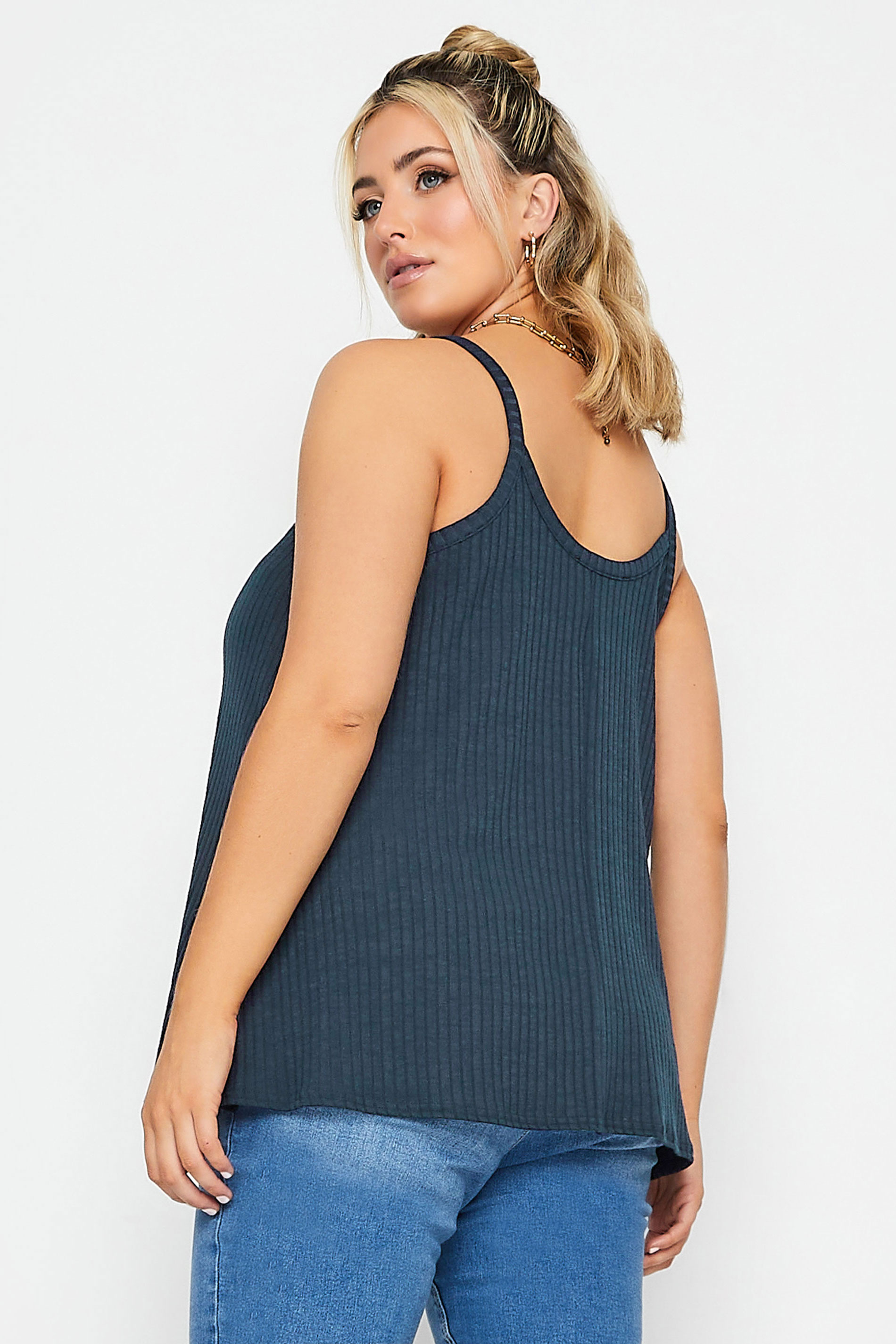 LIMITED COLLECTION Plus Size Navy Blue Ribbed Button Cami Vest Top | Yours Clothing 3
