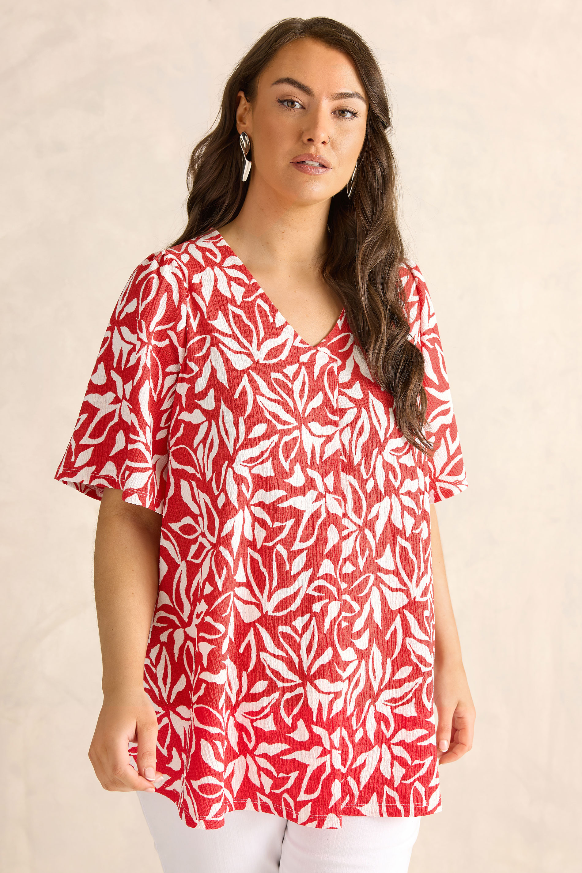 EVANS Plus Size Red Floral Pleat Front Angel Sleeve Top | Evans  3