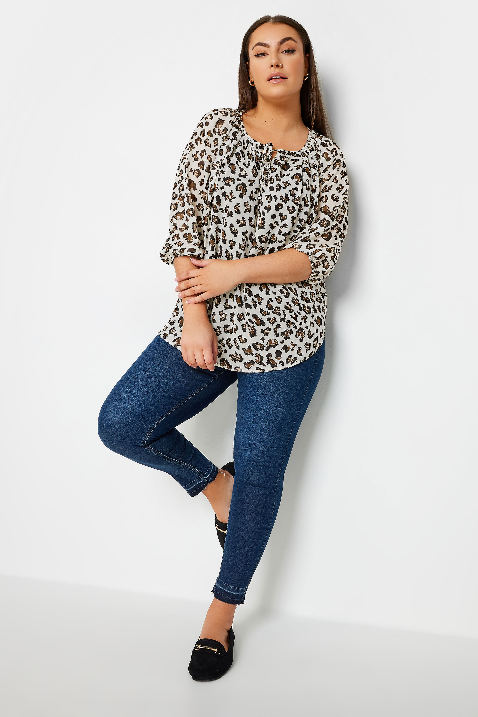 YOURS Plus Size White Leopard Print Tie Neck Blouse | Yours Clothing 2