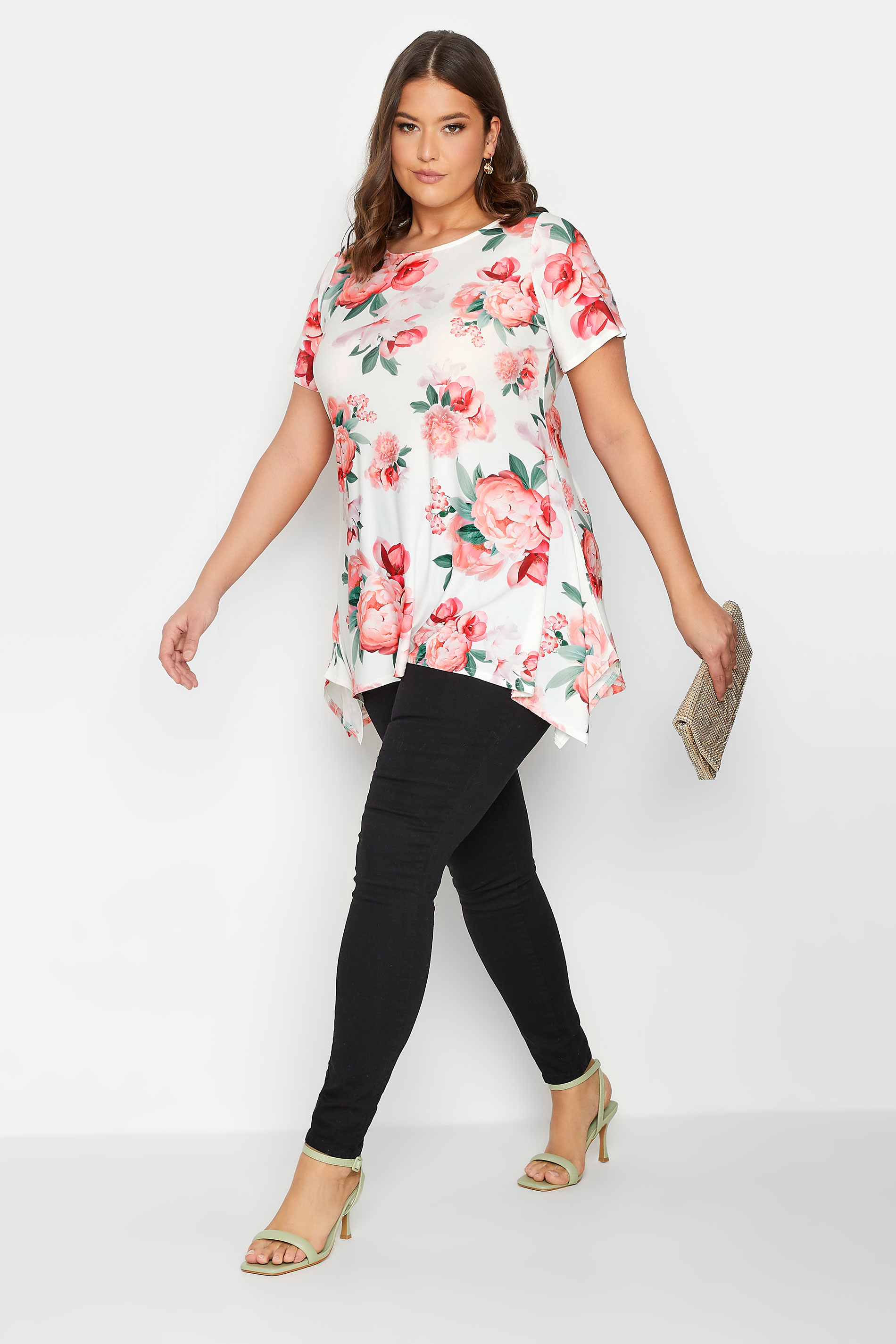 Yours London Plus Size White Floral Print Hanky Hem Top Yours Clothing