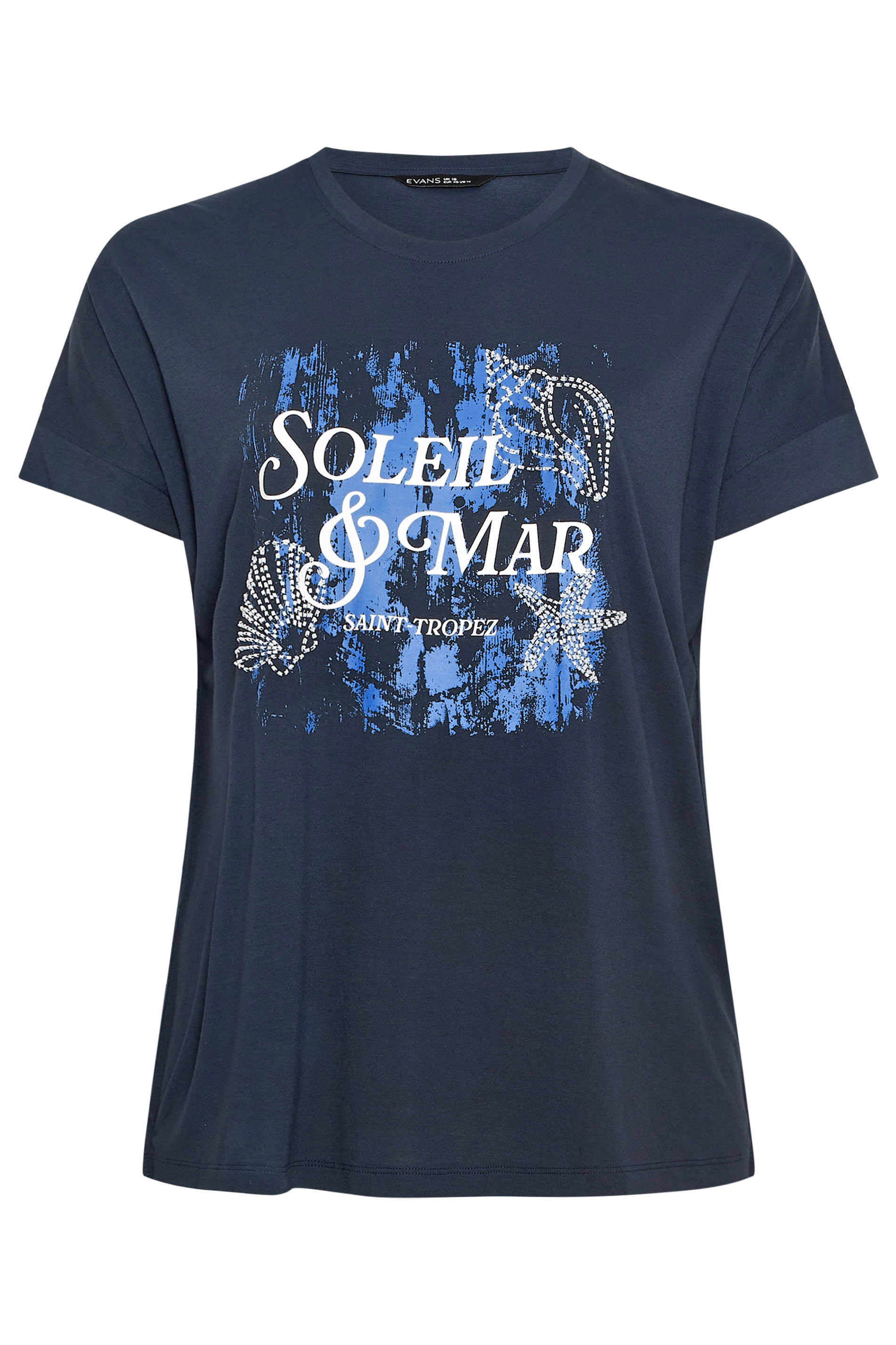 EVANS Plus Size Navy Blue 'Soleil & Mar' Slogan Print T-Shirt | Evans 6