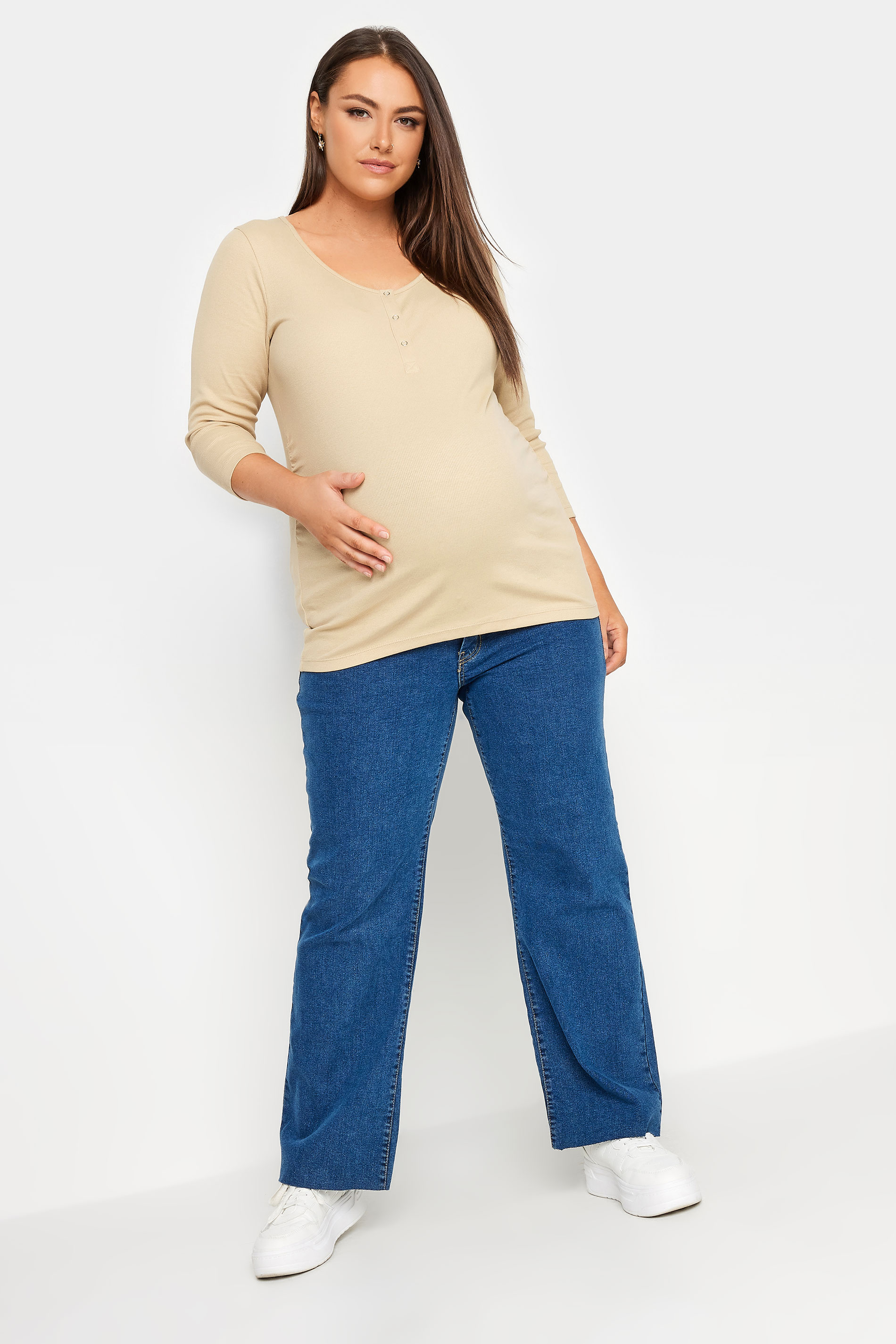BUMP IT UP MATERNITY Plus Size Beige Brown Ribbed Popper Fastening Top | Yours Clothing 2