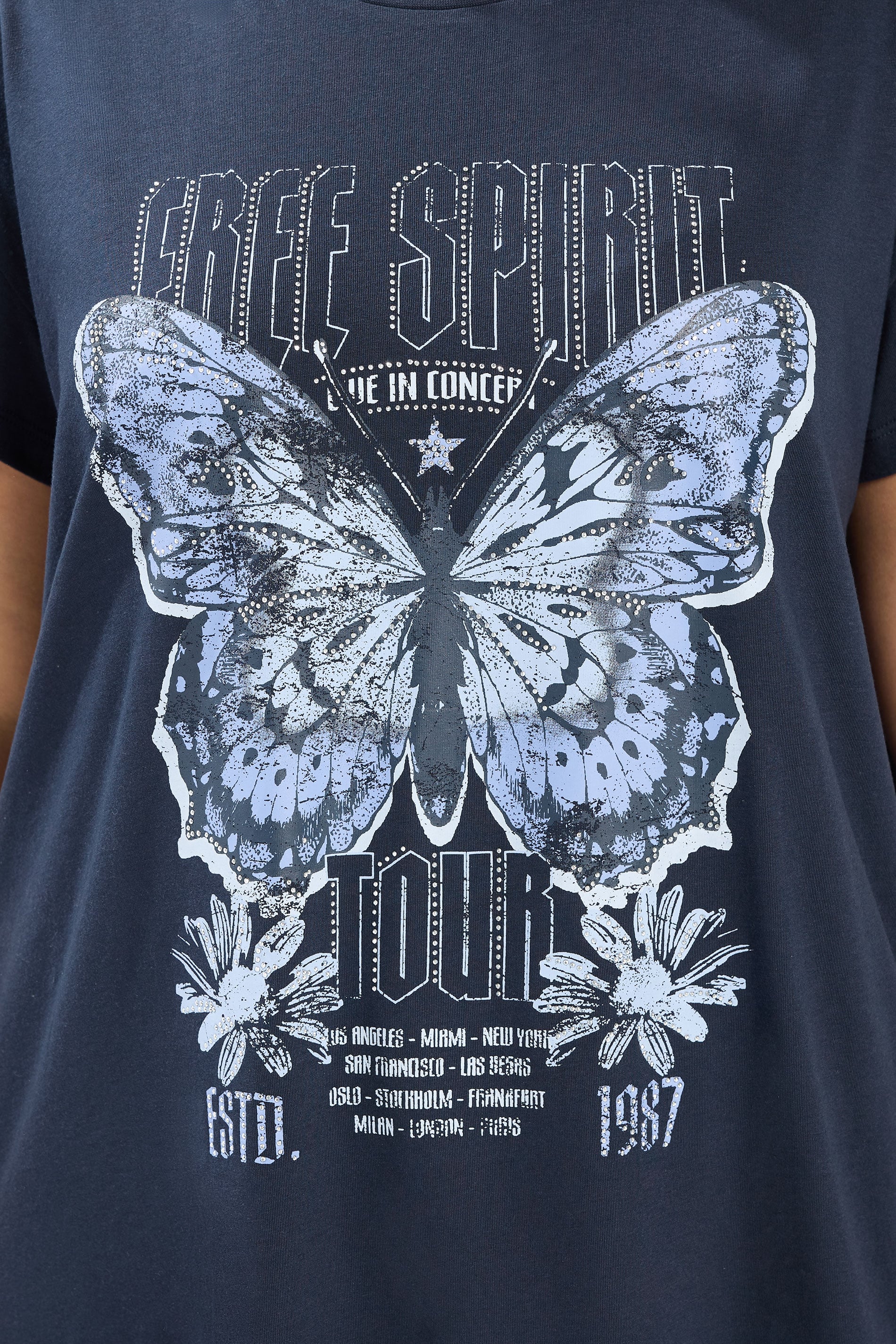 YOURS Plus Size Navy Blue 'Free Spirit' Butterfly Embellished T-Shirt | Yours Clothing 4