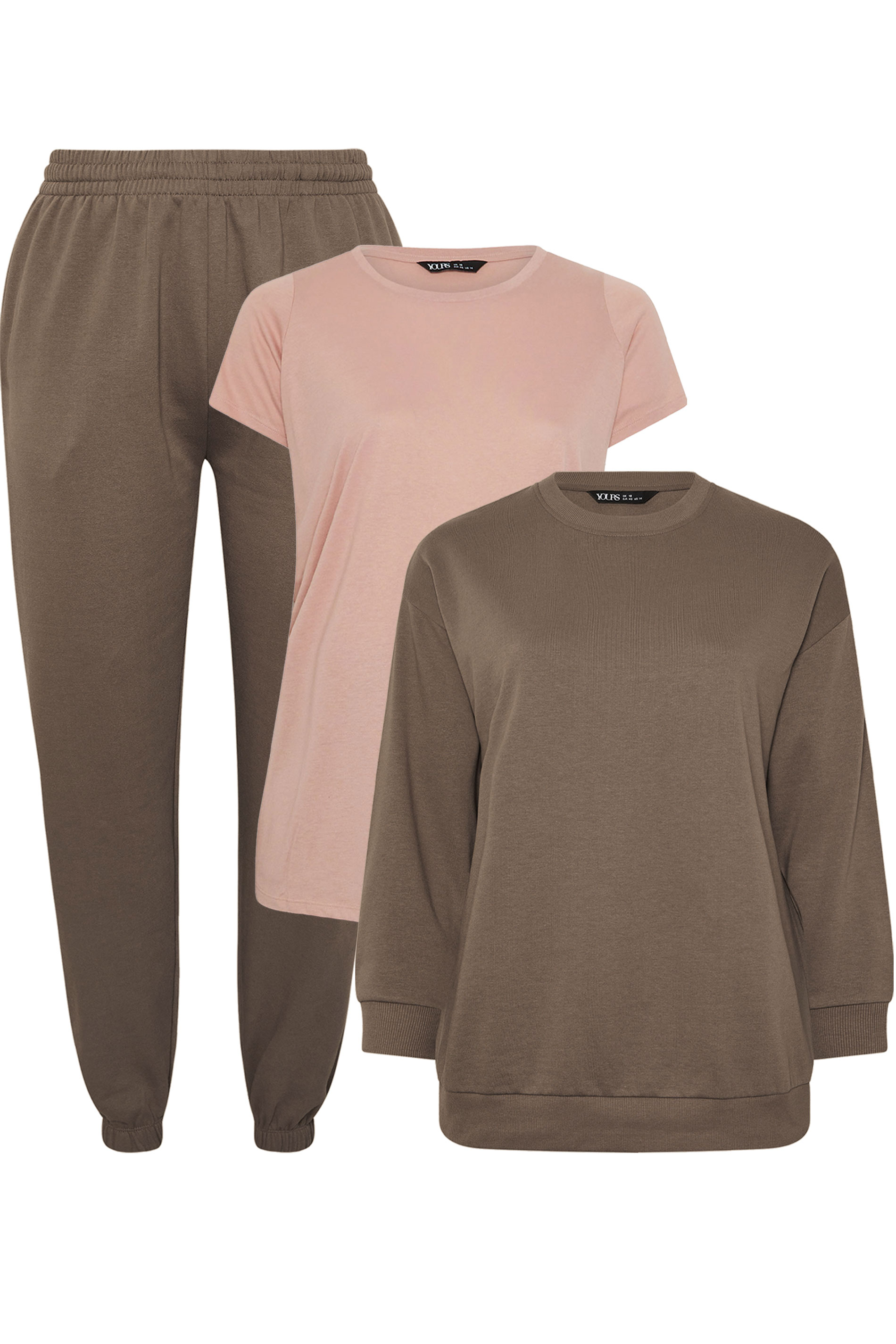 YOURS Plus Size Brown Sweatshirt Jogger & T-Shirt Set | Yours Clothing 3