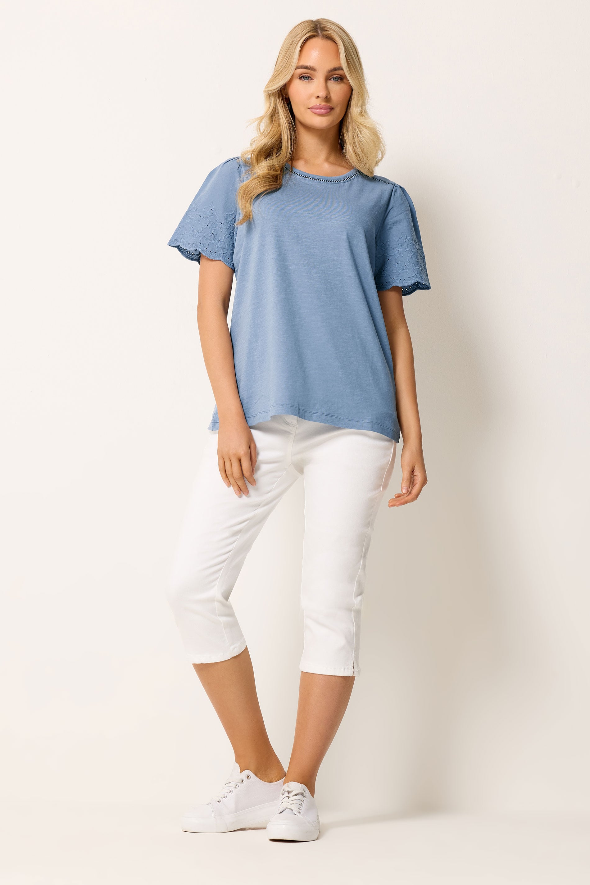 M&Co Light Blue Embroidered Sleeve Cotton T-Shirt | M&Co 1