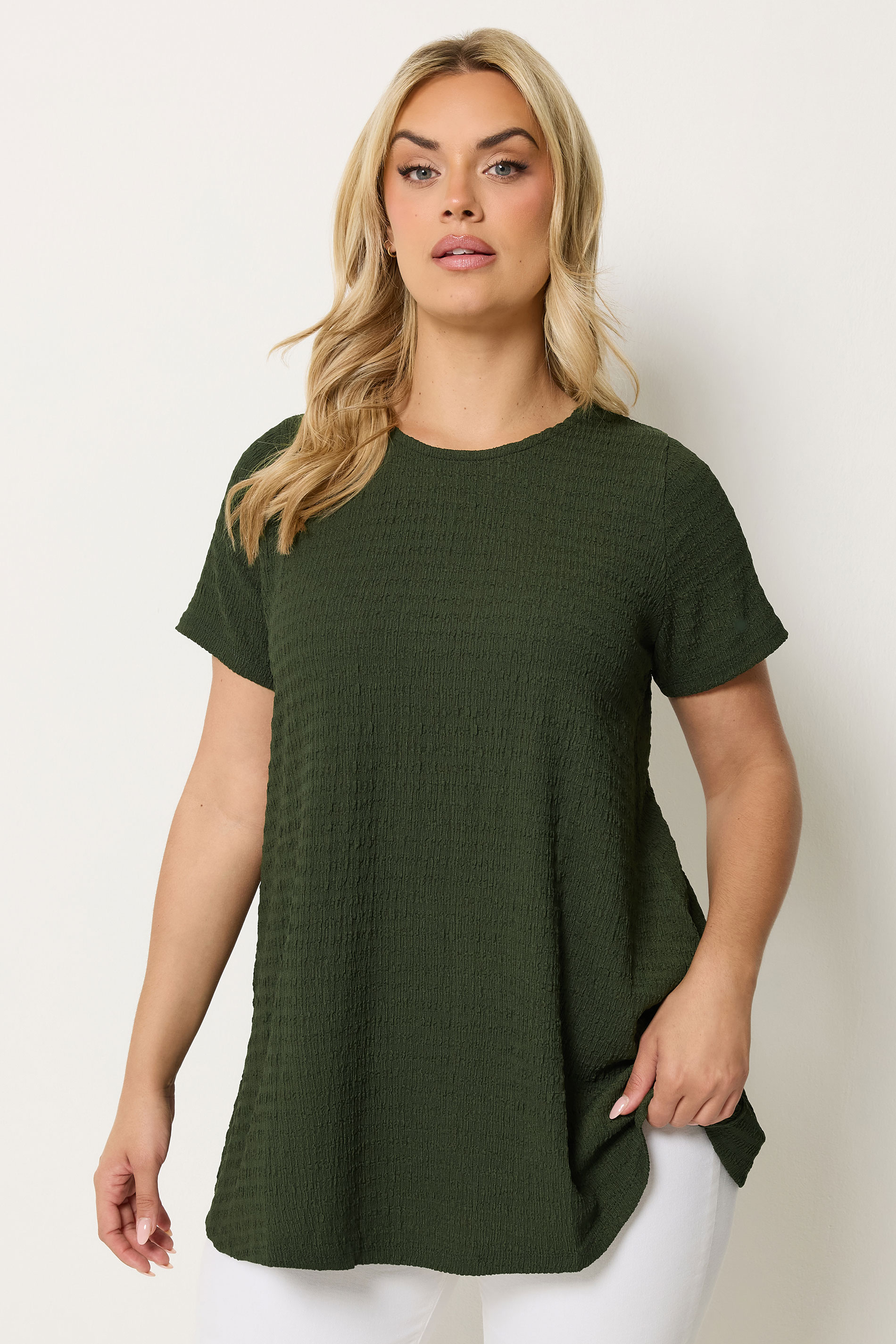 YOURS Plus Size Khaki Green Textured Swing Top | Yours Clothing 3