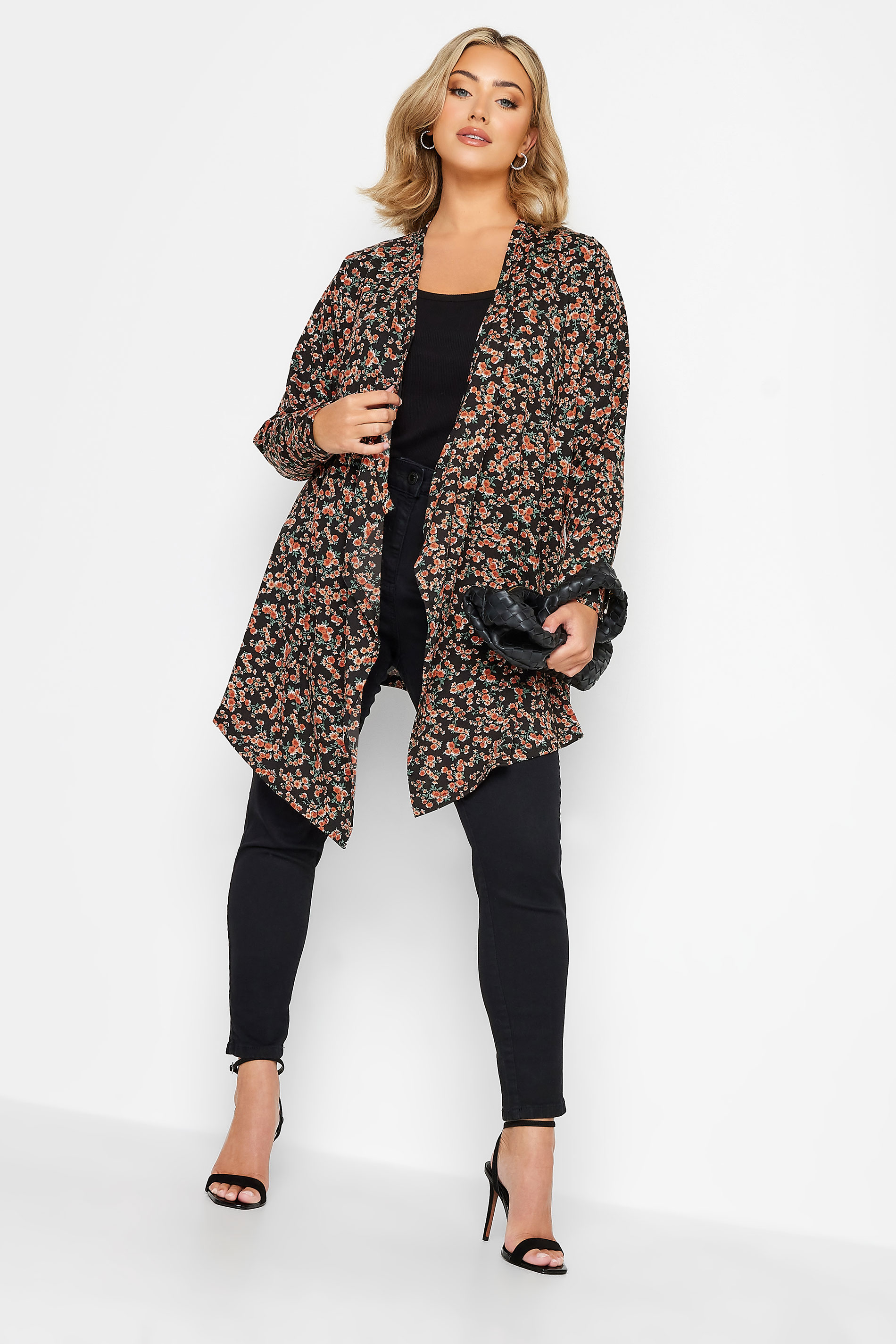 YOURS Plus Size Black Ditsy Floral Print Waterfall Cardigan | Yours Clothing 2