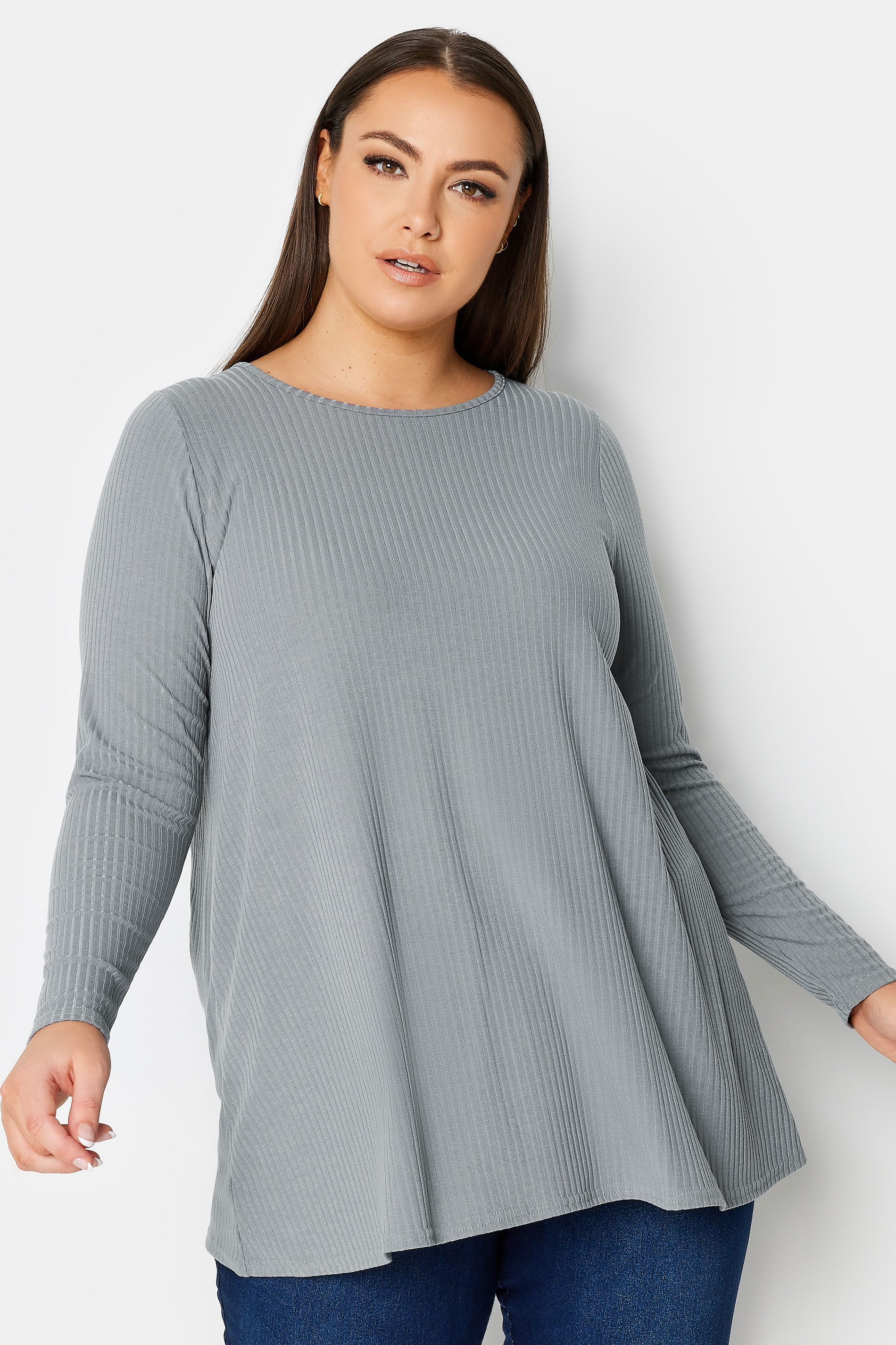 YOURS Plus Size Grey Ribbed Swing T-Shirt | Yours Clothing 1