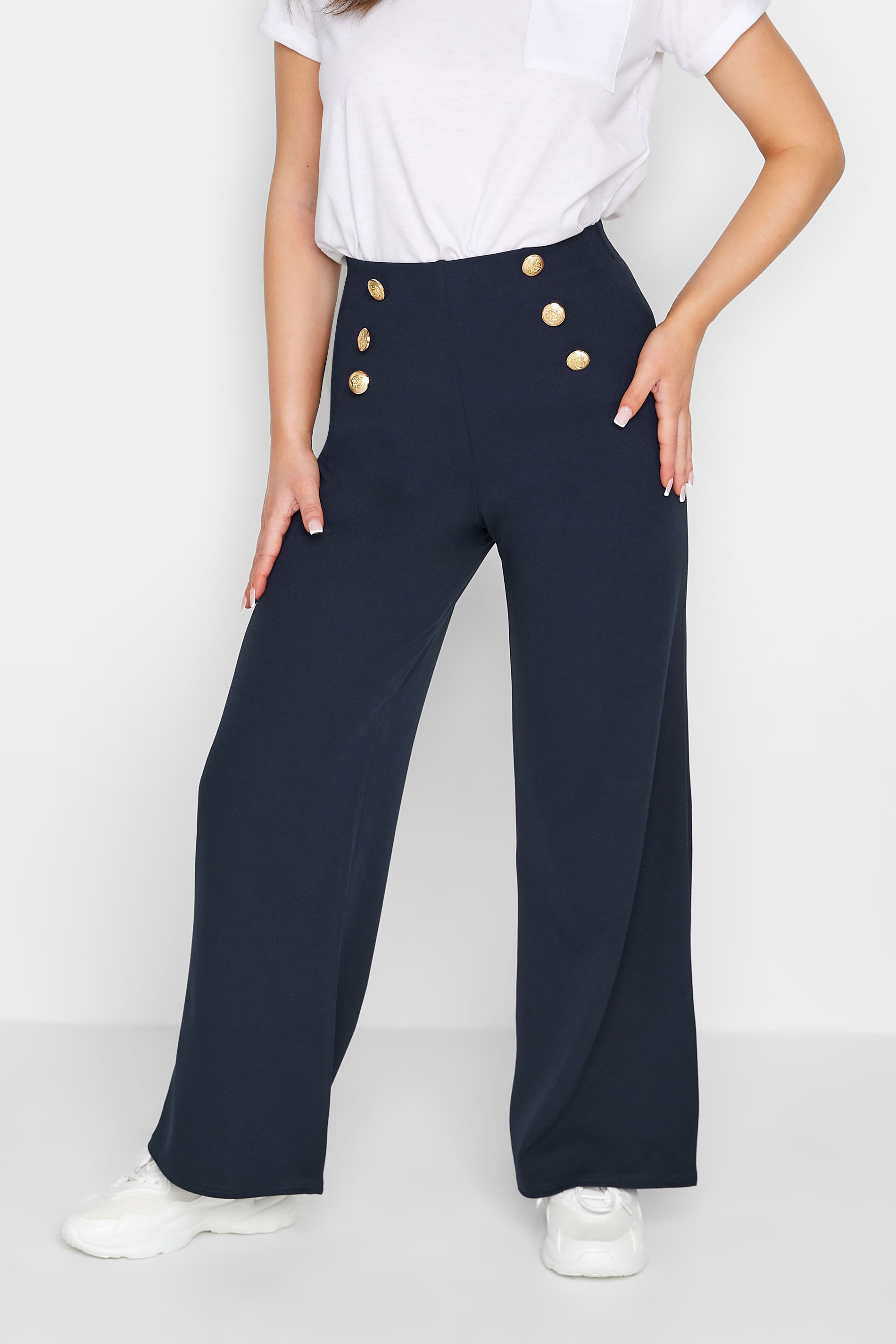 PixieGirl Navy Blue Button Front Wide Leg Trousers | PixieGirl 1