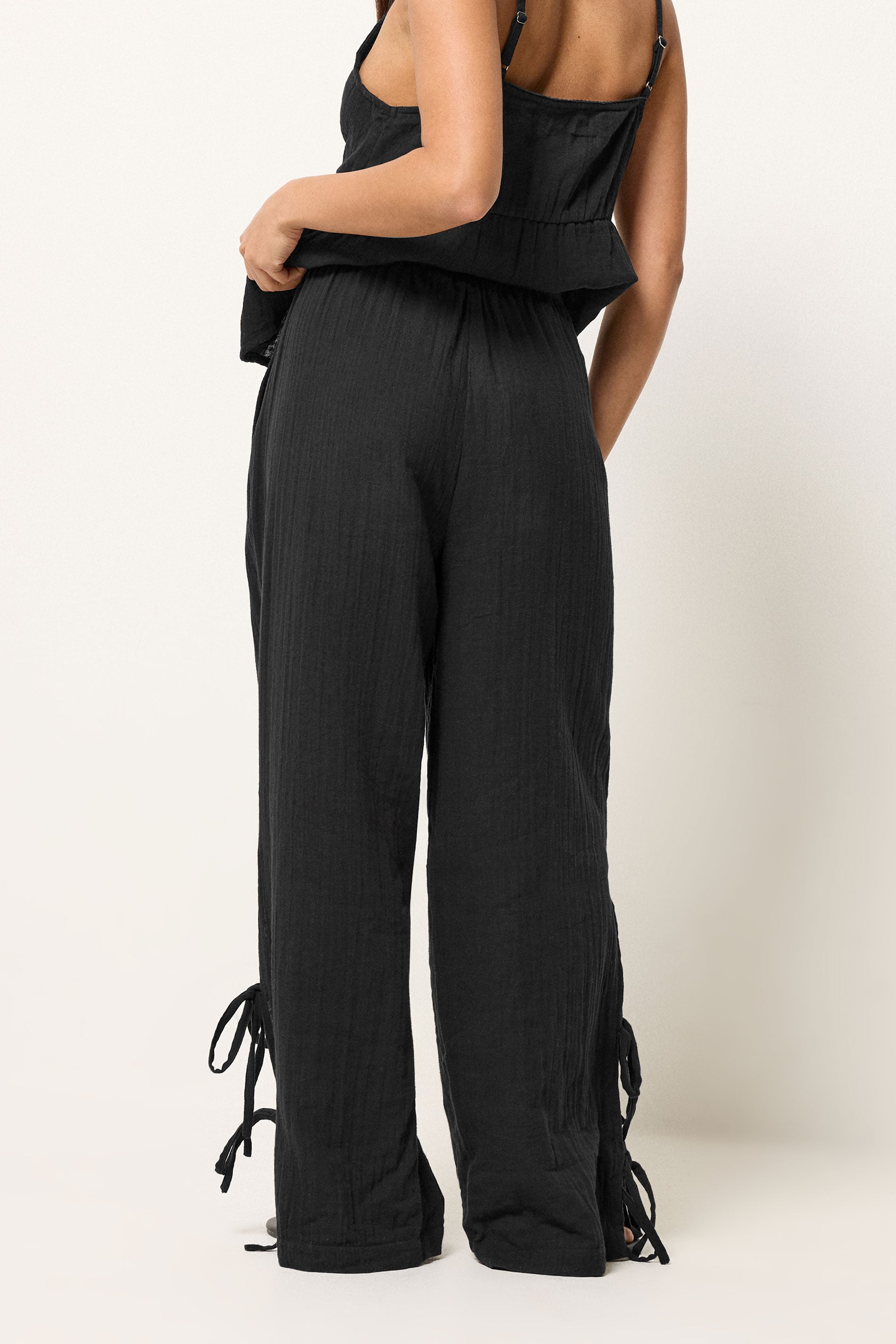 PixieGirl Petite Women's Black Tie Cotton Cheesecloth Wide Leg Trousers | PixieGirl 4