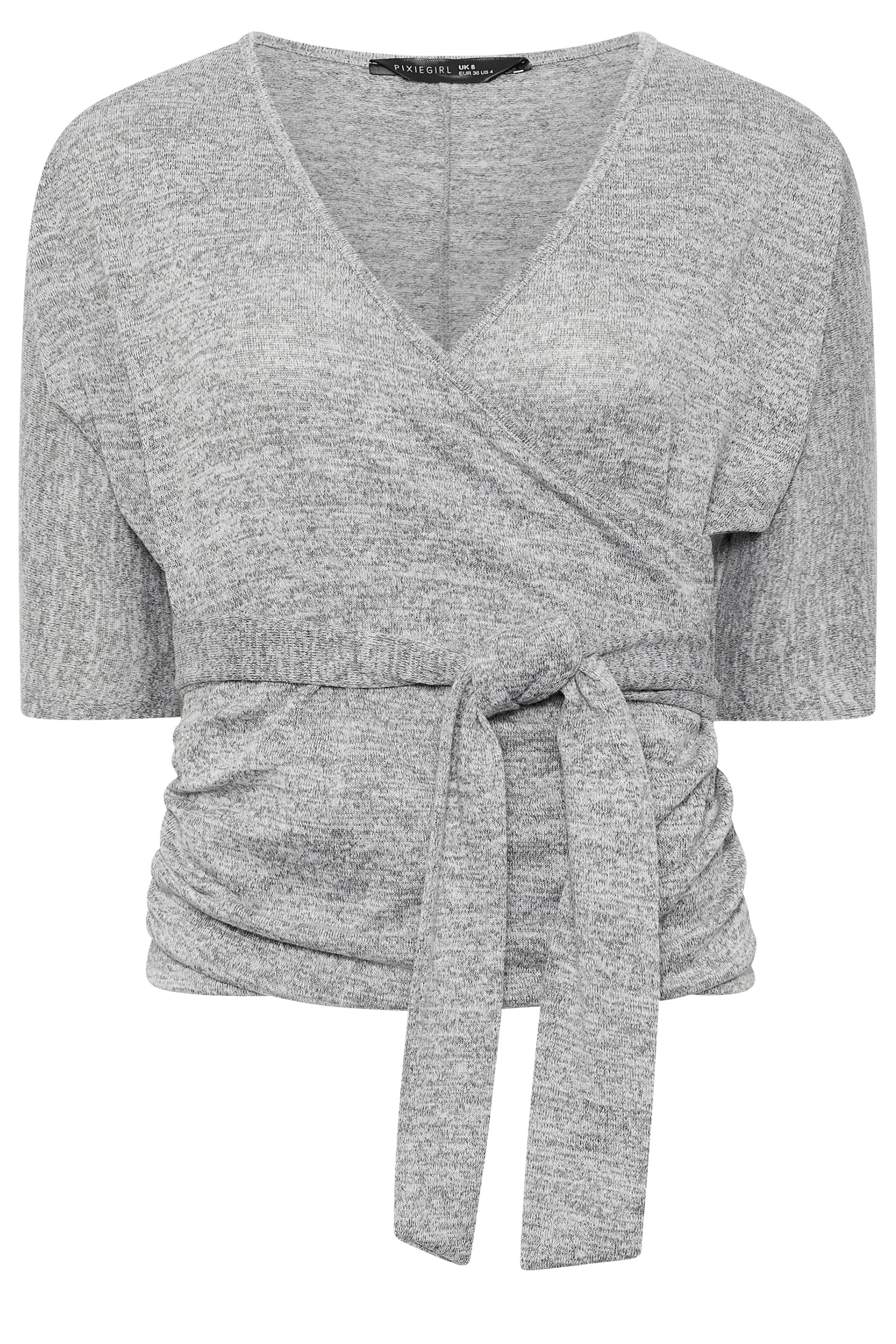 PixieGirl Petite Women's Grey Marl Belted Wrap Top | PixieGirl  5