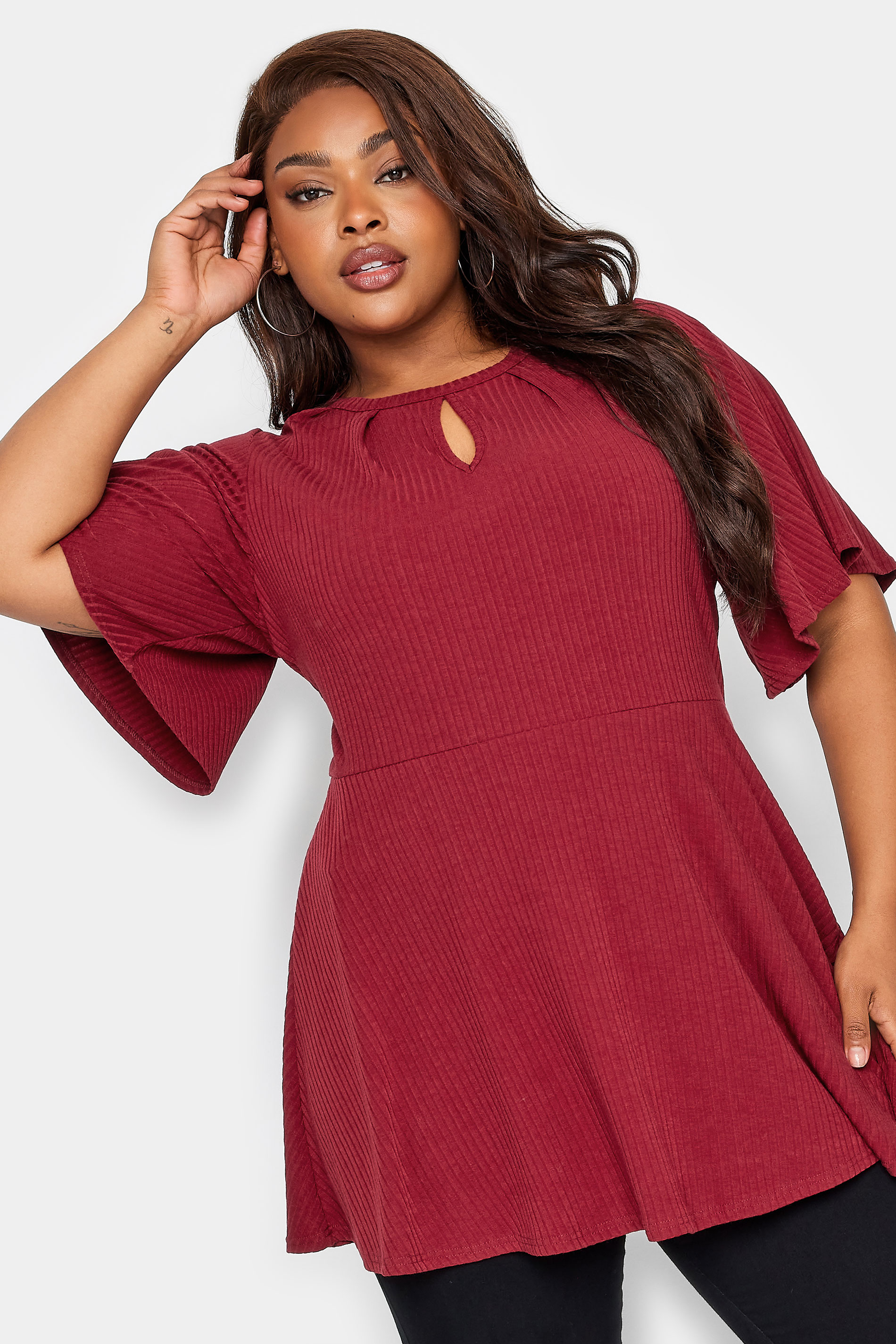 YOURS Plus Size Red Keyhole Peplum Top | Yours Clothing 1