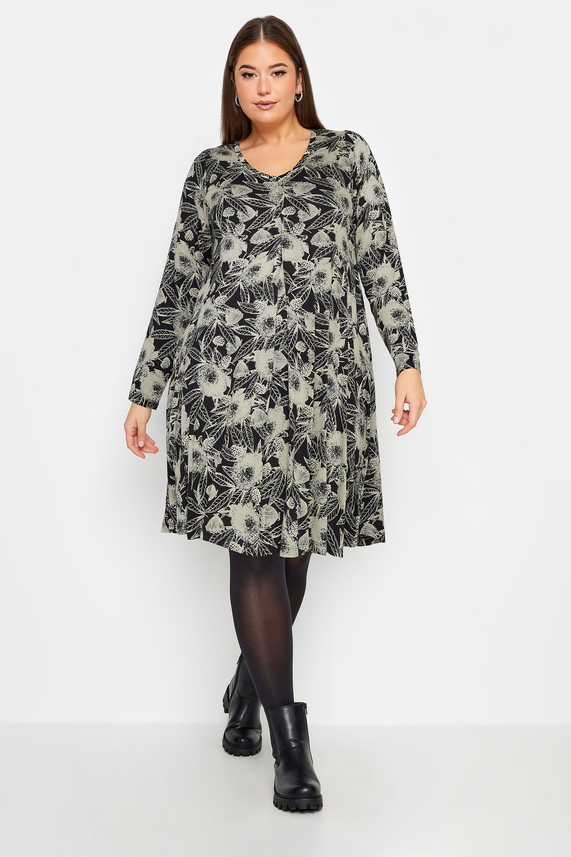 YOURS Plus Size Black Floral Print Swing Dress | Yours Clothing