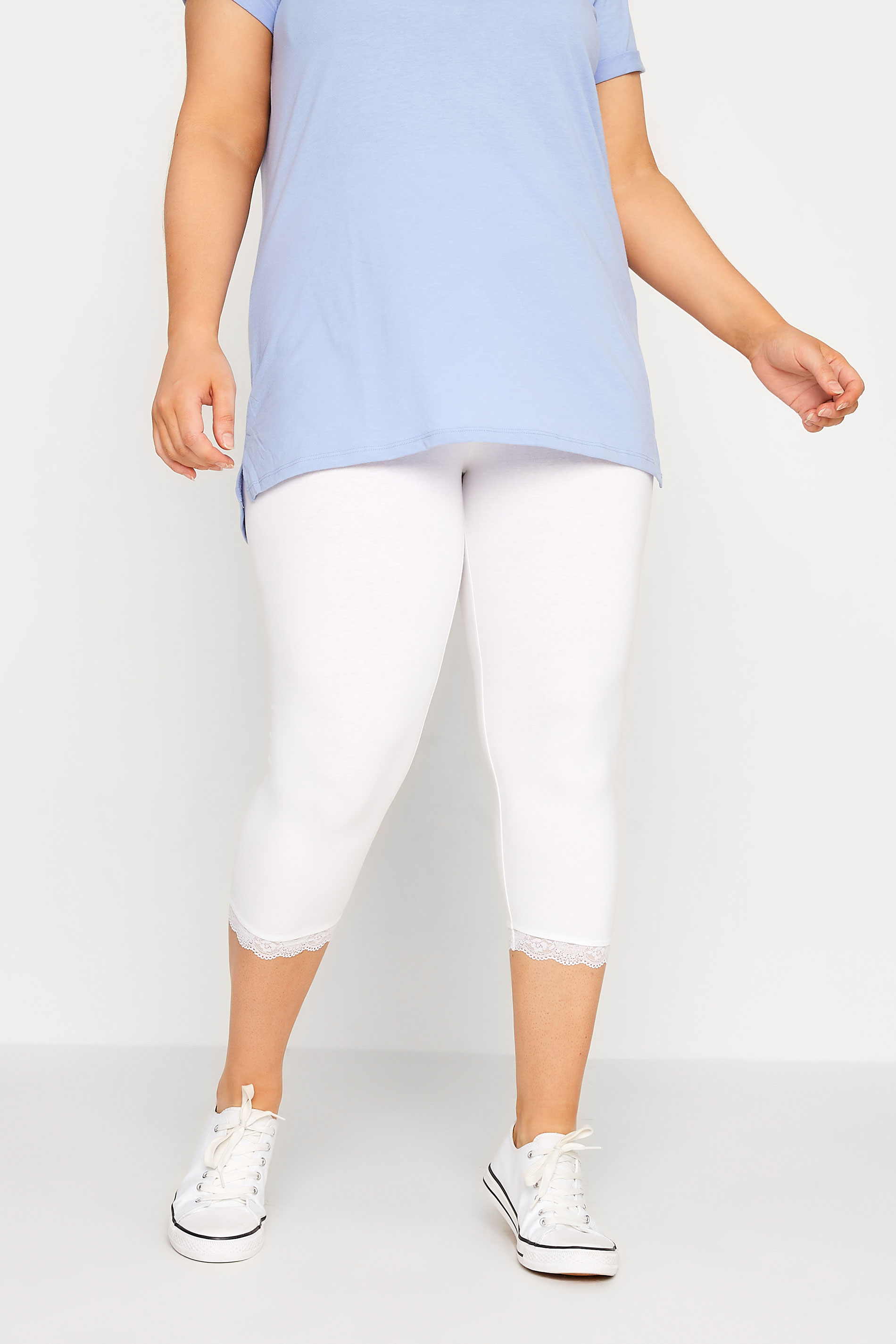 YOURS FOR GOOD Plus Size White Cotton Lace Trim Crop Leggings | Yours Clothing 2