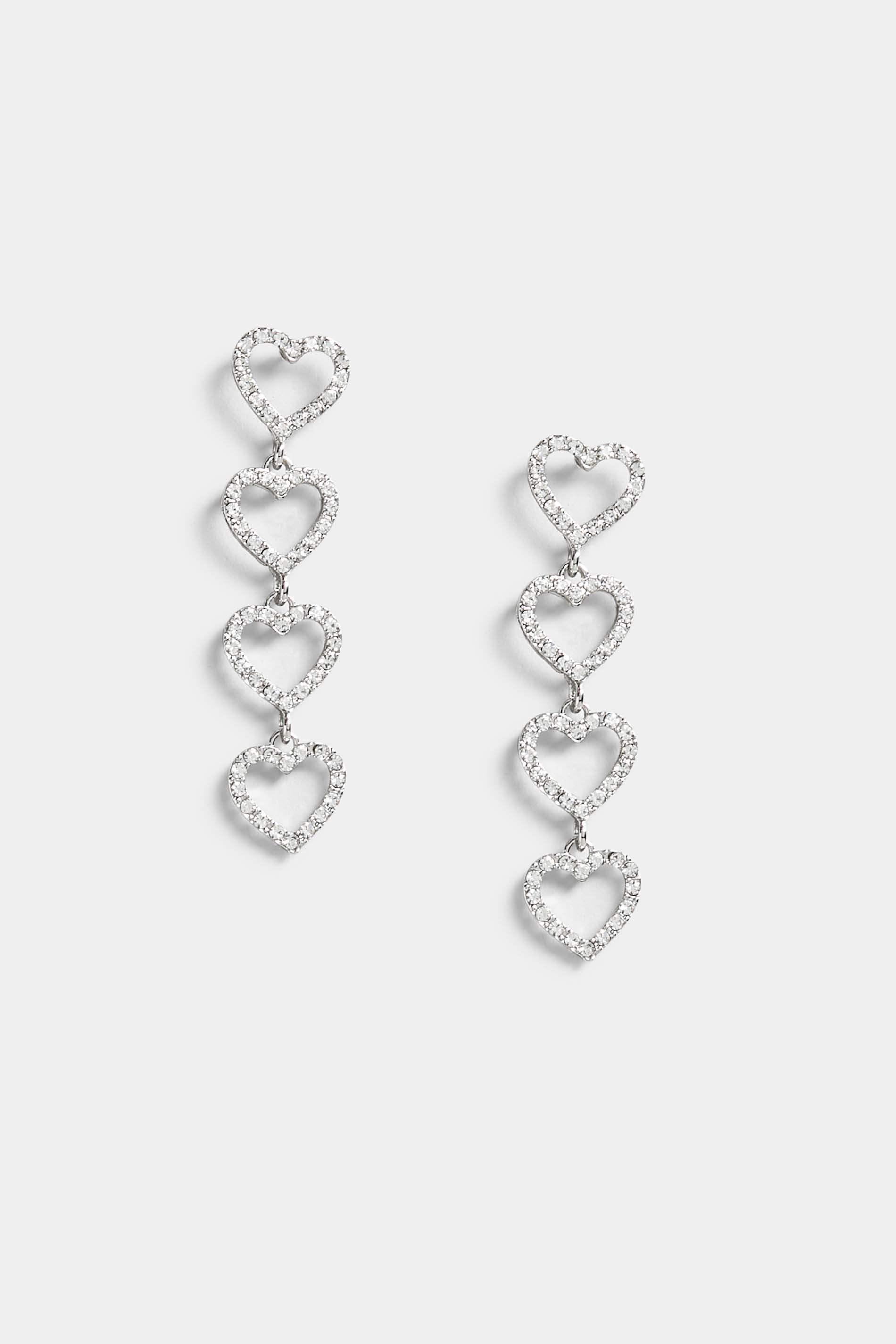 Silver Heart Diamante Drop Earrings | Yours Clothing 2