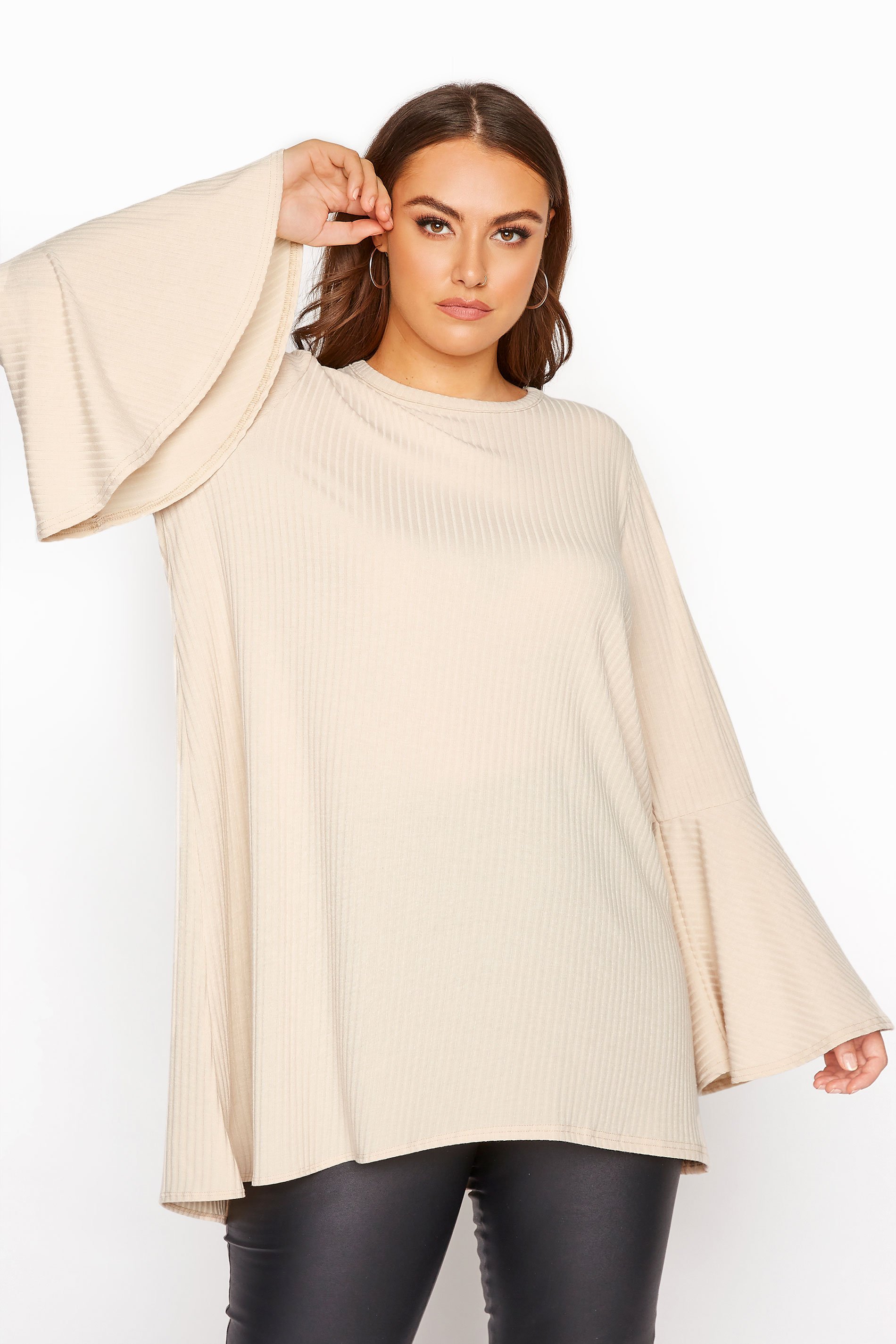 Limited Collection Beige Ribbed Flare Sleeve Top Yours Clothing