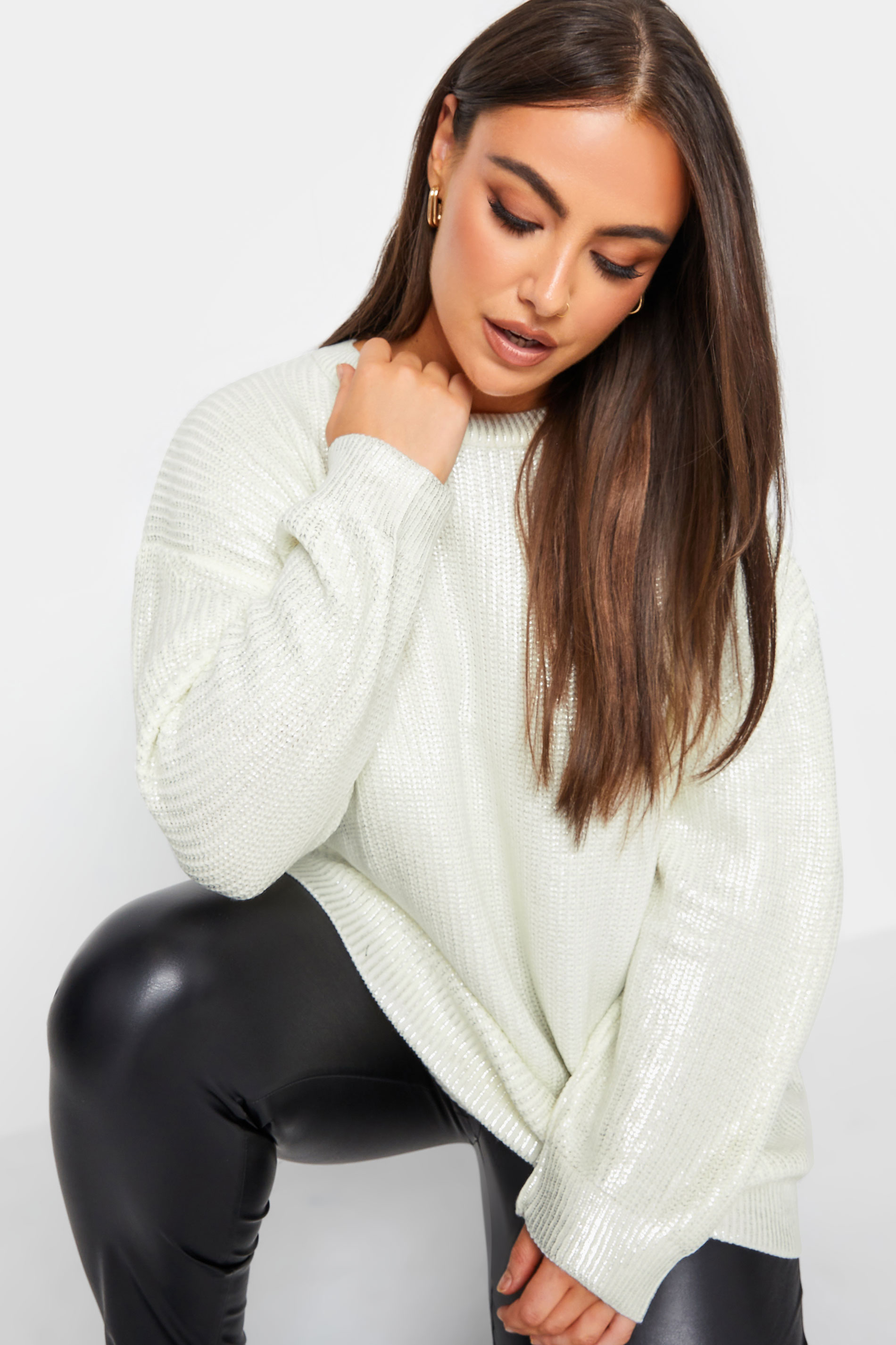YOURS Plus Size White Foil Print V-Neck Jumper | Yours Clothing 1