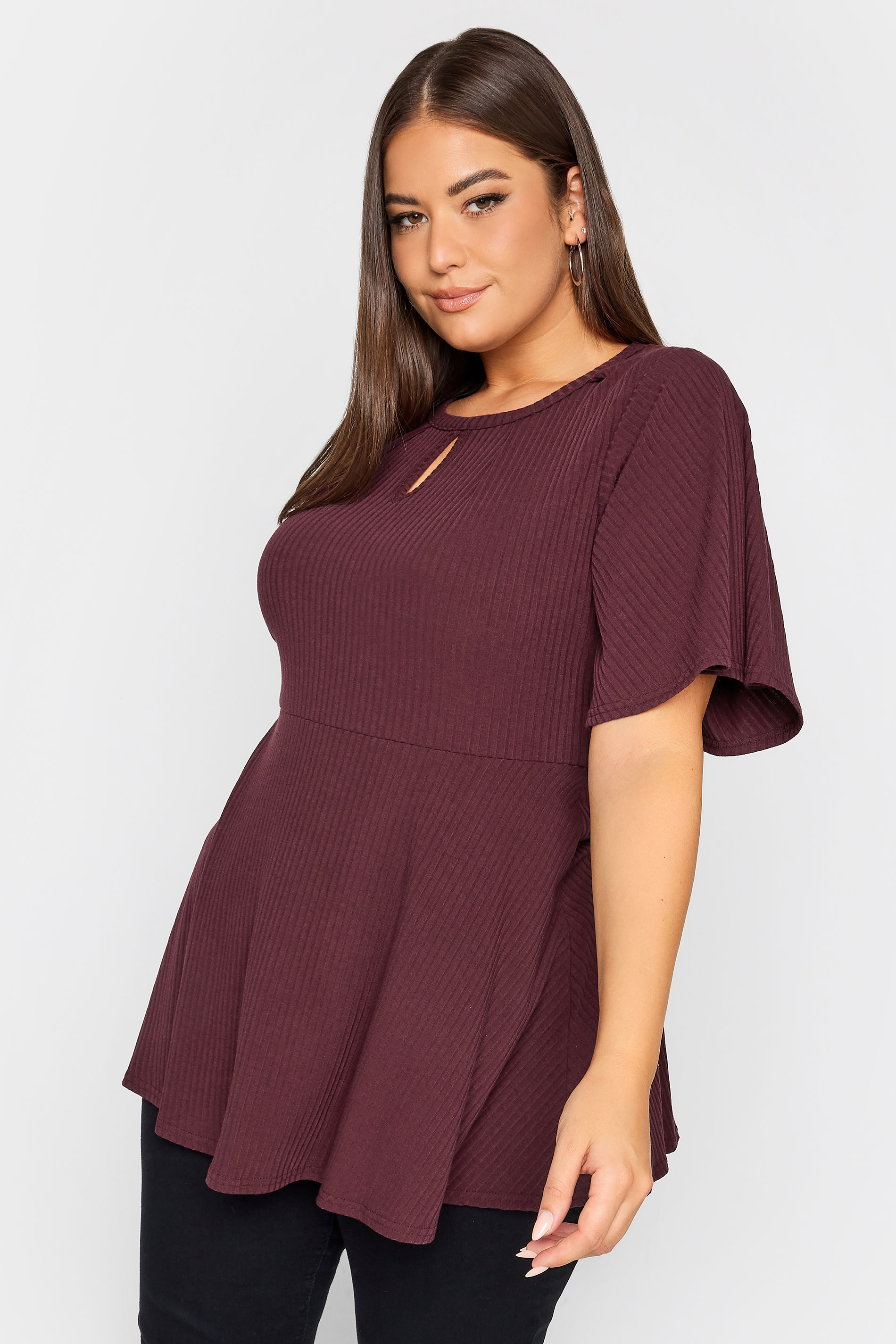 YOURS Plus Size Burgundy Red Keyhole Peplum Top | Yours Clothing 1
