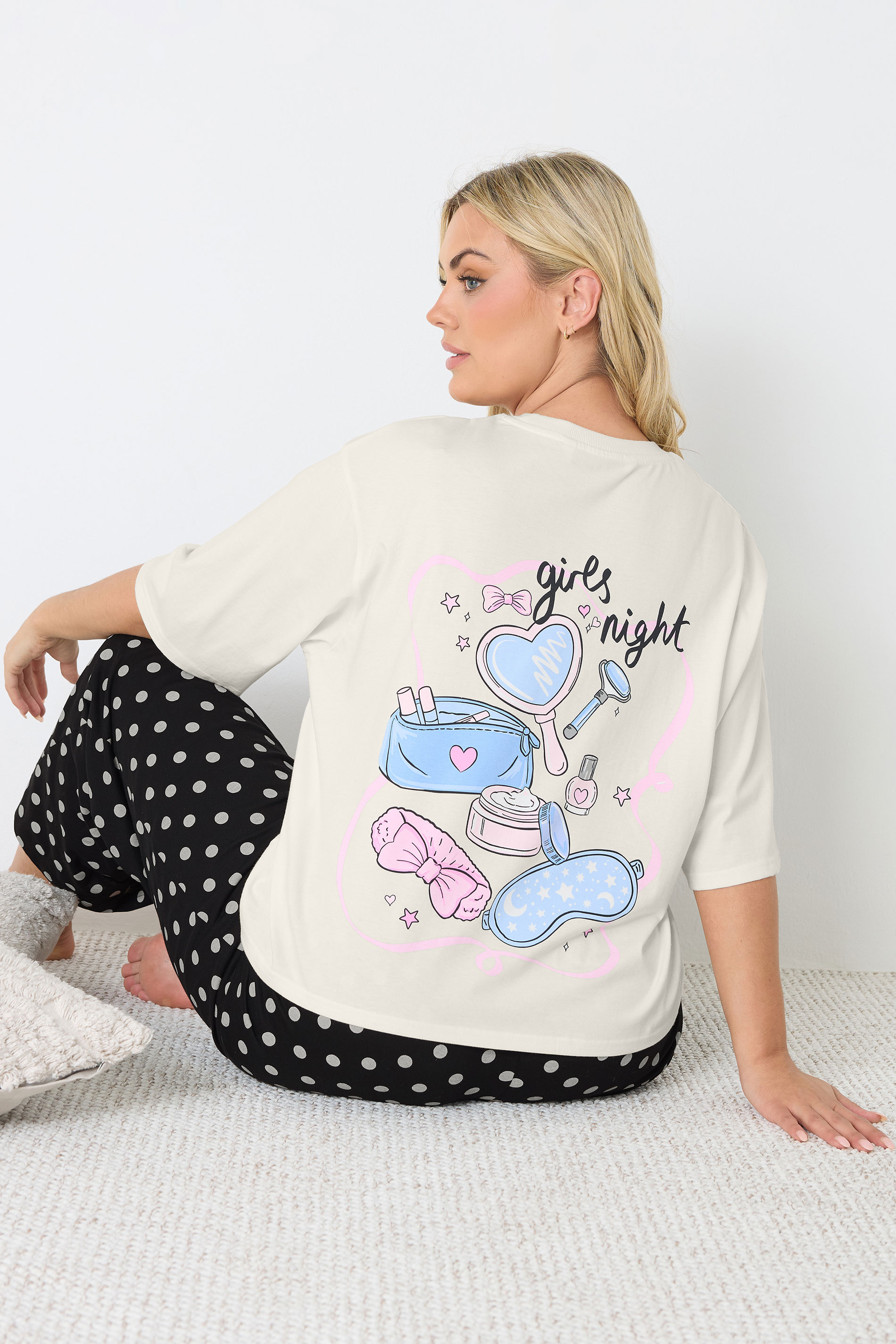 YOURS Plus Size Ivory White 'Girls Night' Polka Dot Pyjama Set | Yours Clothing 2