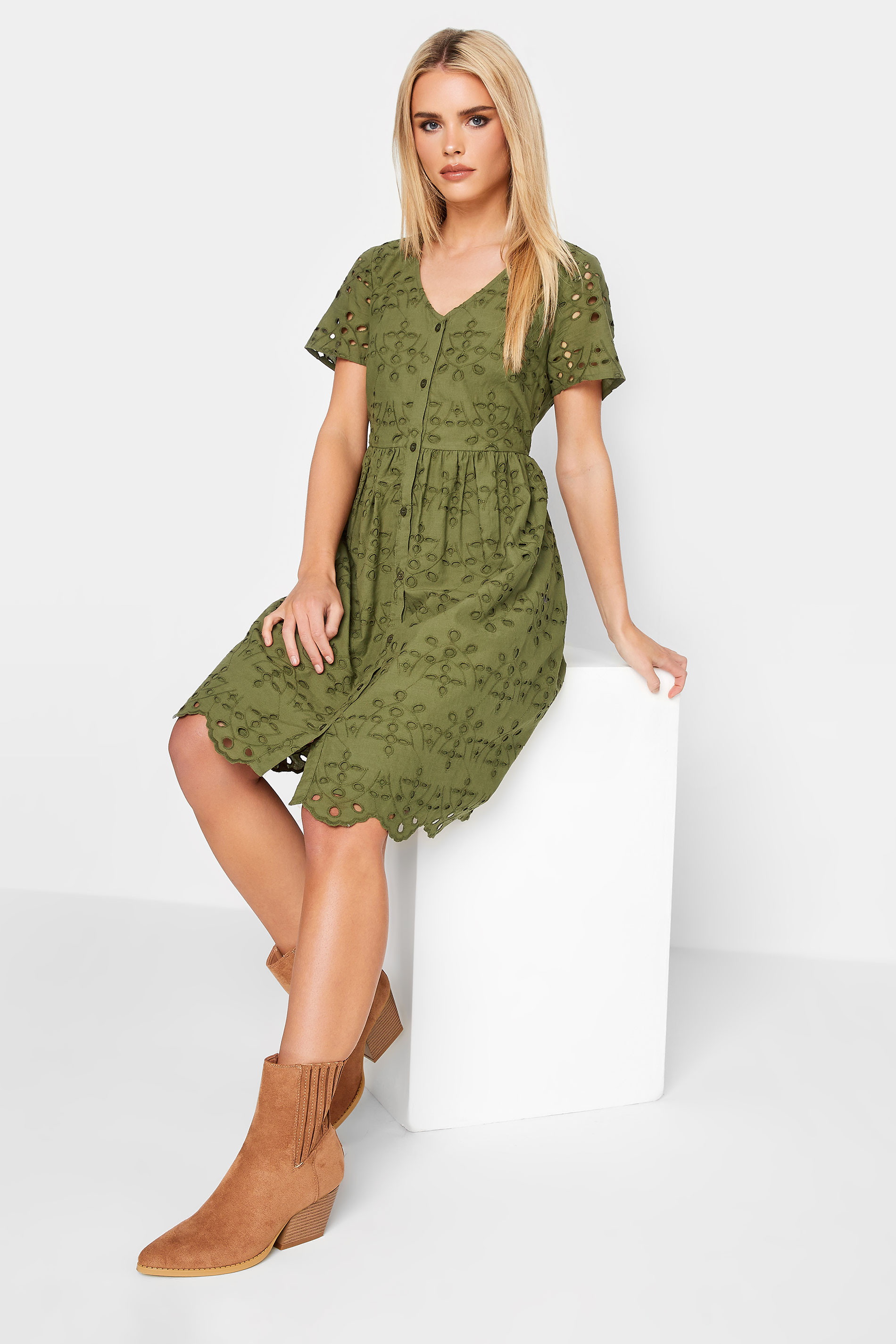 Petite Khaki Green Broderie Smock Dress | PixieGirl 1