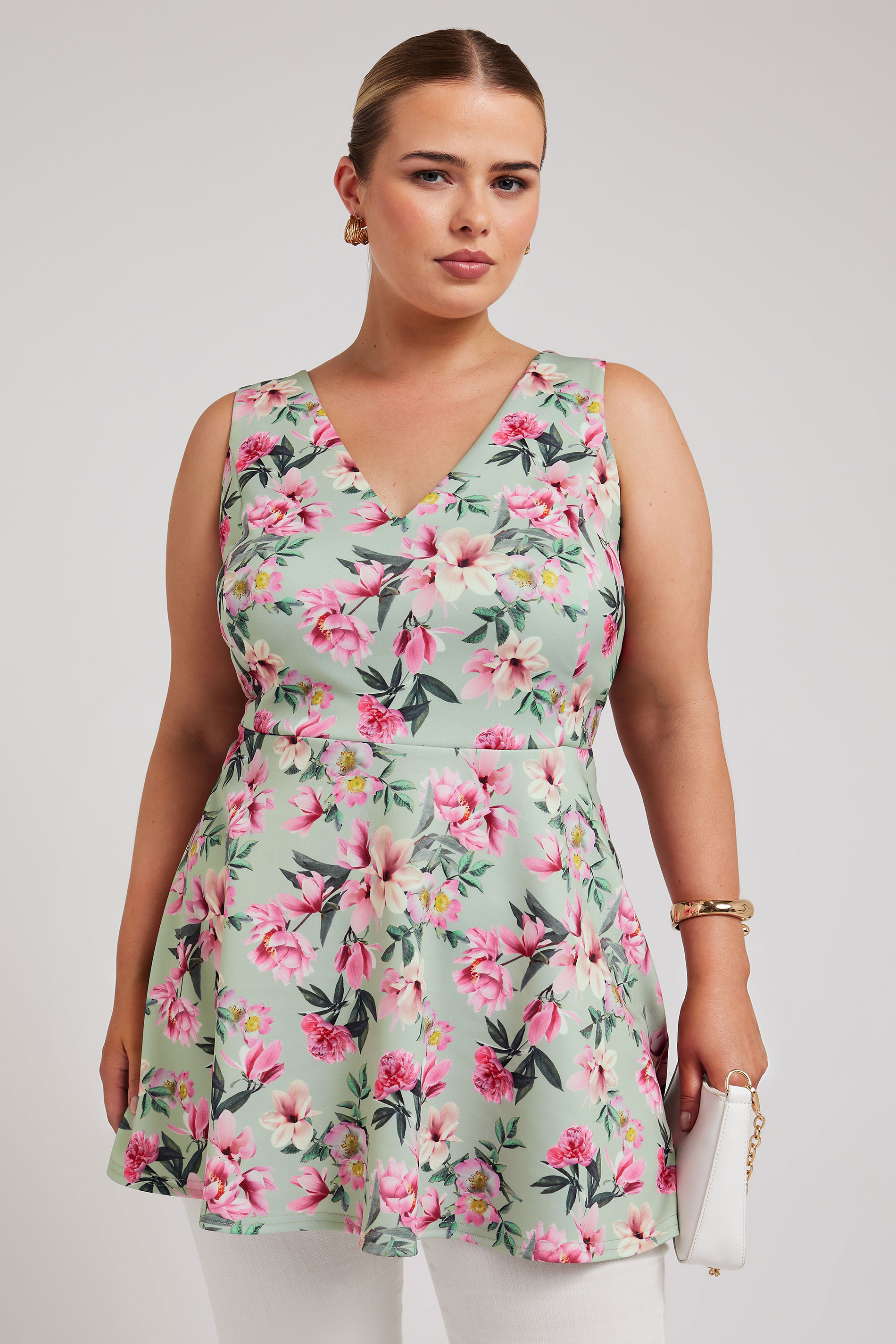 YOURS LONDON Plus Size Green Floral Print Peplum Top | Yours Clothing 1