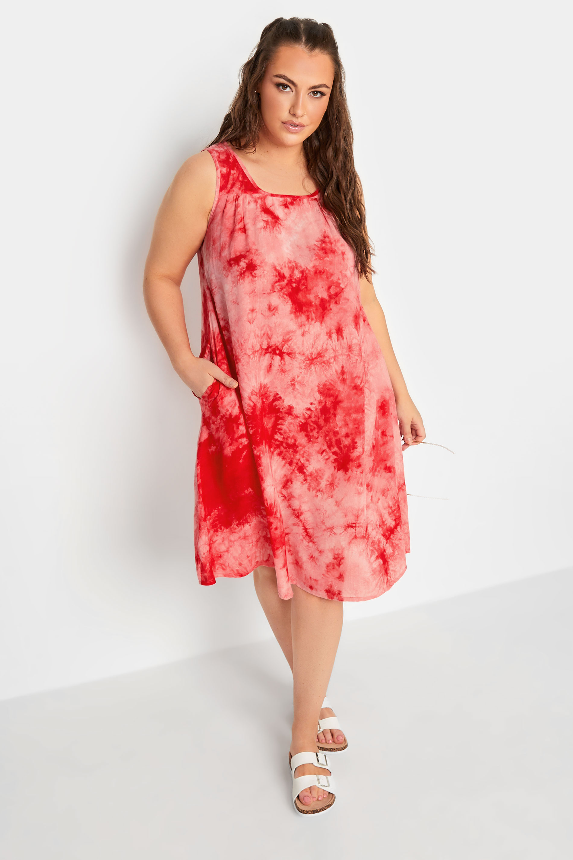 YOURS Plus Size Curve Coral Orange Tie Dye Print Swing Dress| Yours Clothing  2