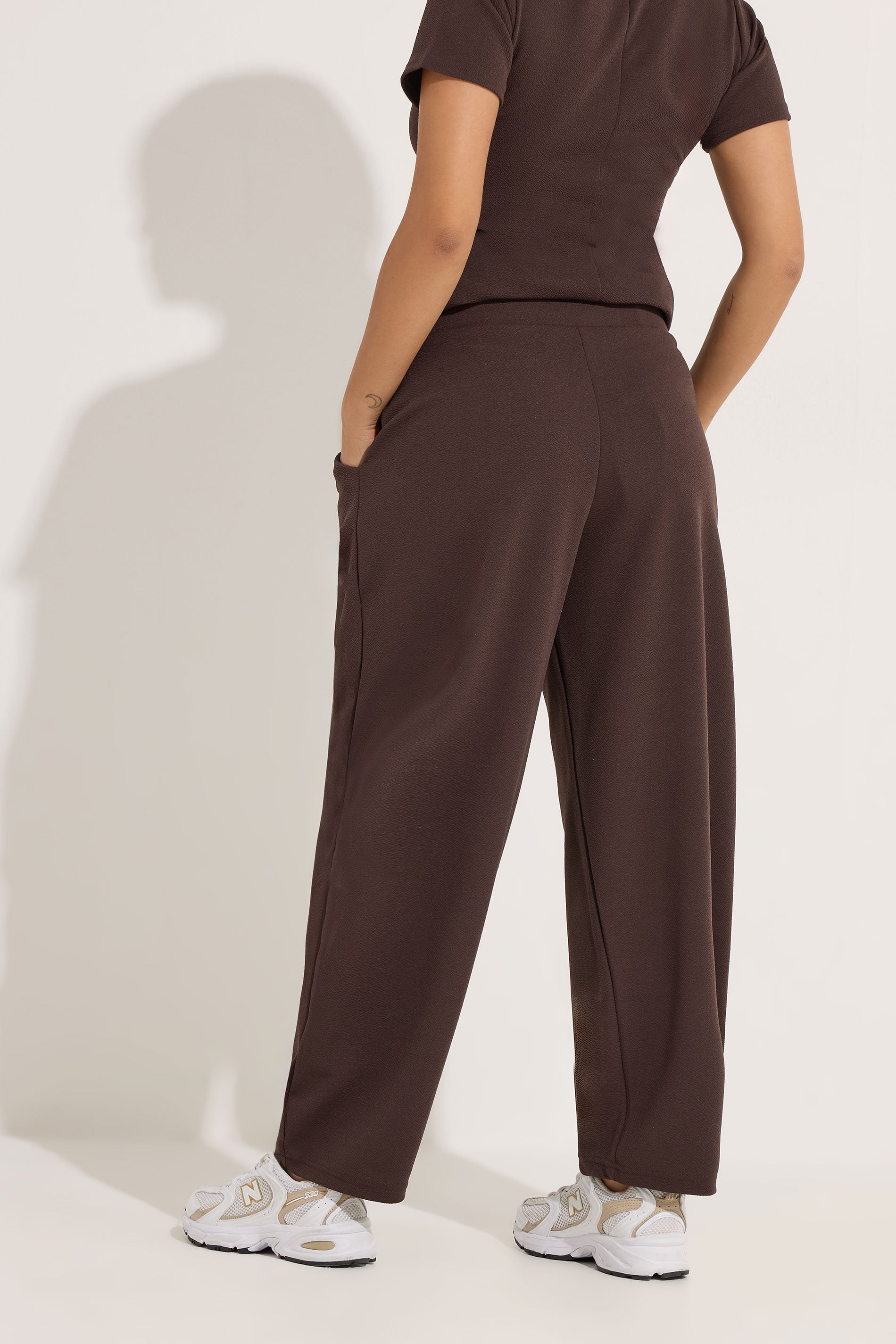 PixieGirl Petite Women's Chocolate Brown Jersey Pleated Barrel Trousers | PixieGirl 2