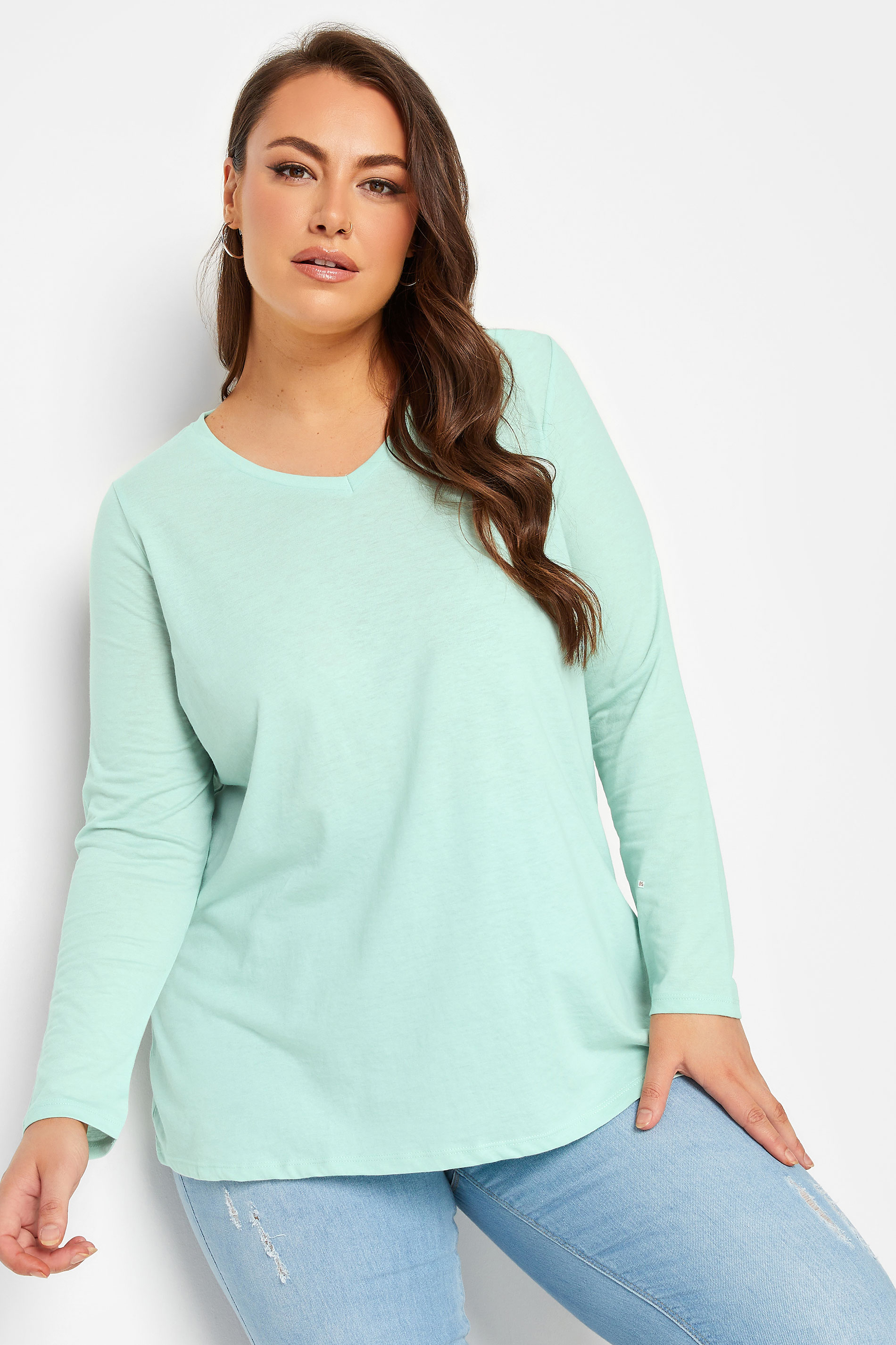 YOURS Plus Size Mint Green Long Sleeve V-Neck T-Shirt | Yours Clothing