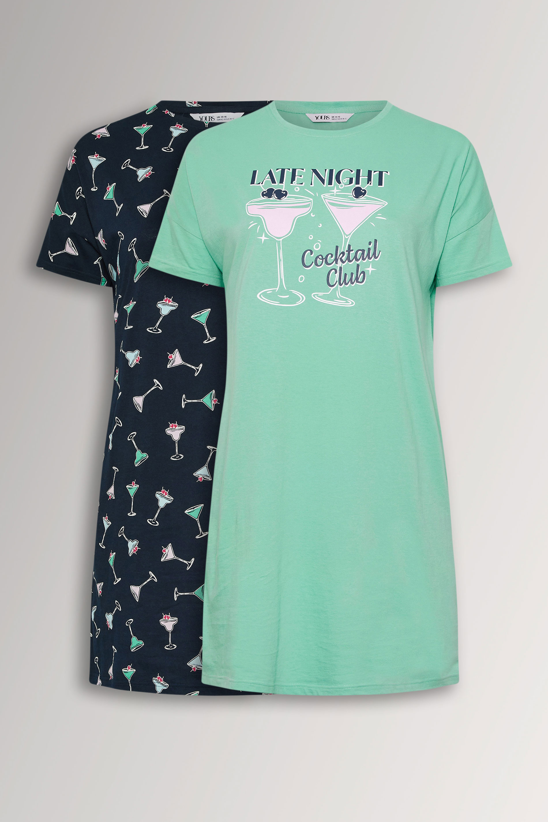 YOURSET 2 PACK Plus Size Green Cocktail Print Sleep Tee Nightdresses | Yours Clothing 3