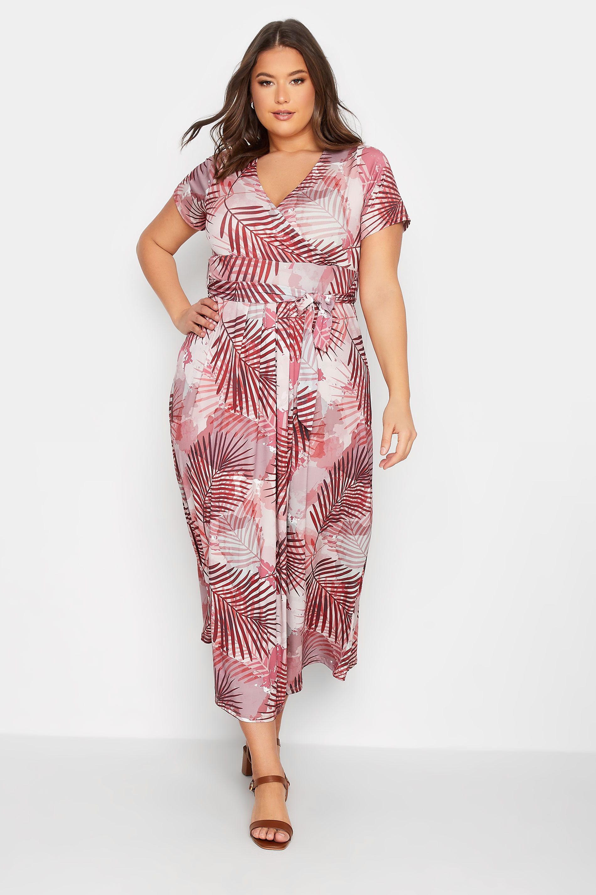 YOURS Plus Size Pink Leaf Print Wrap Maxi Dress | Yours Clothing 1
