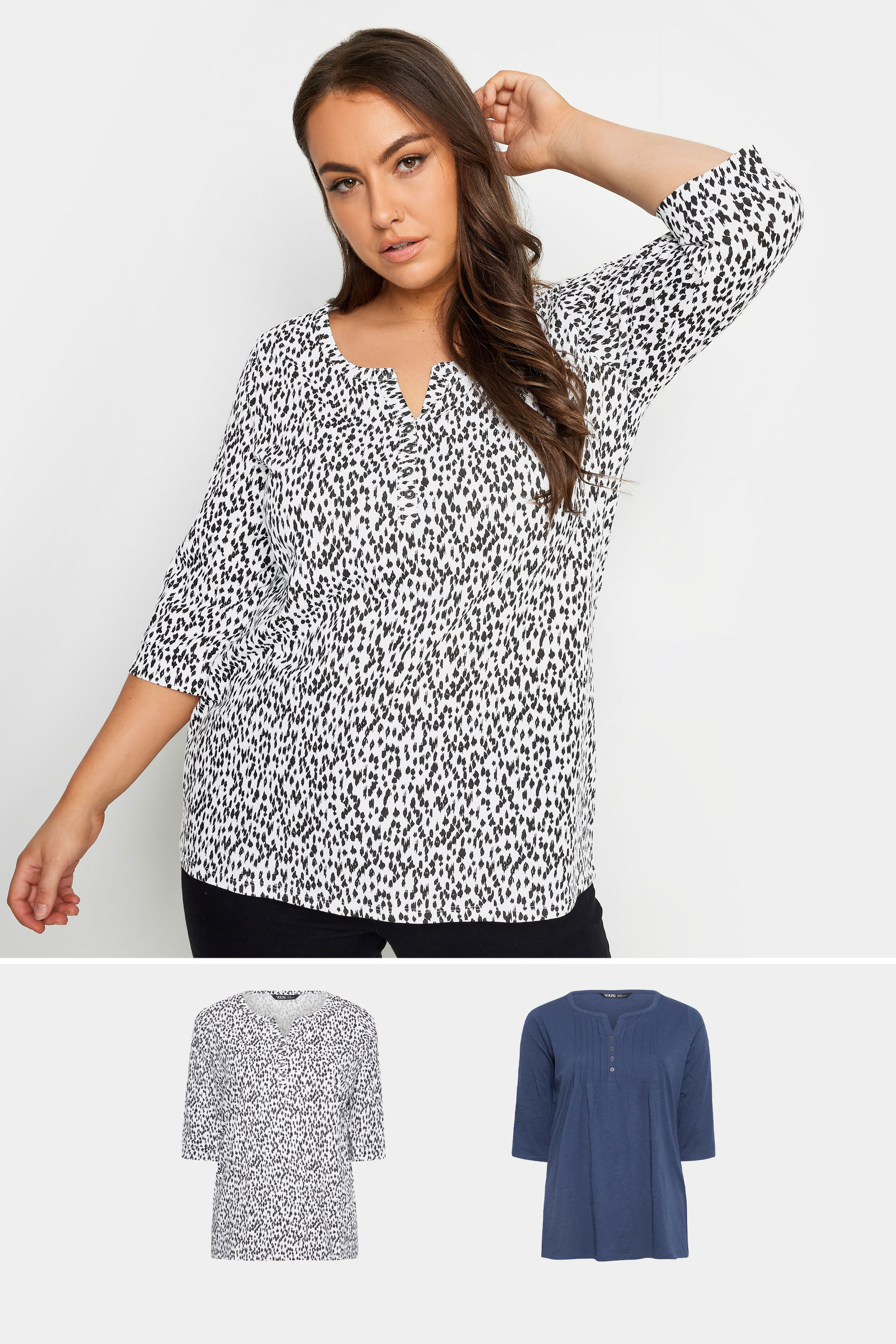 YOURS 2 PACK Plus Size White & Denim Blue Animal Markings Print Henley T-Shirts | Yours Clothing 1