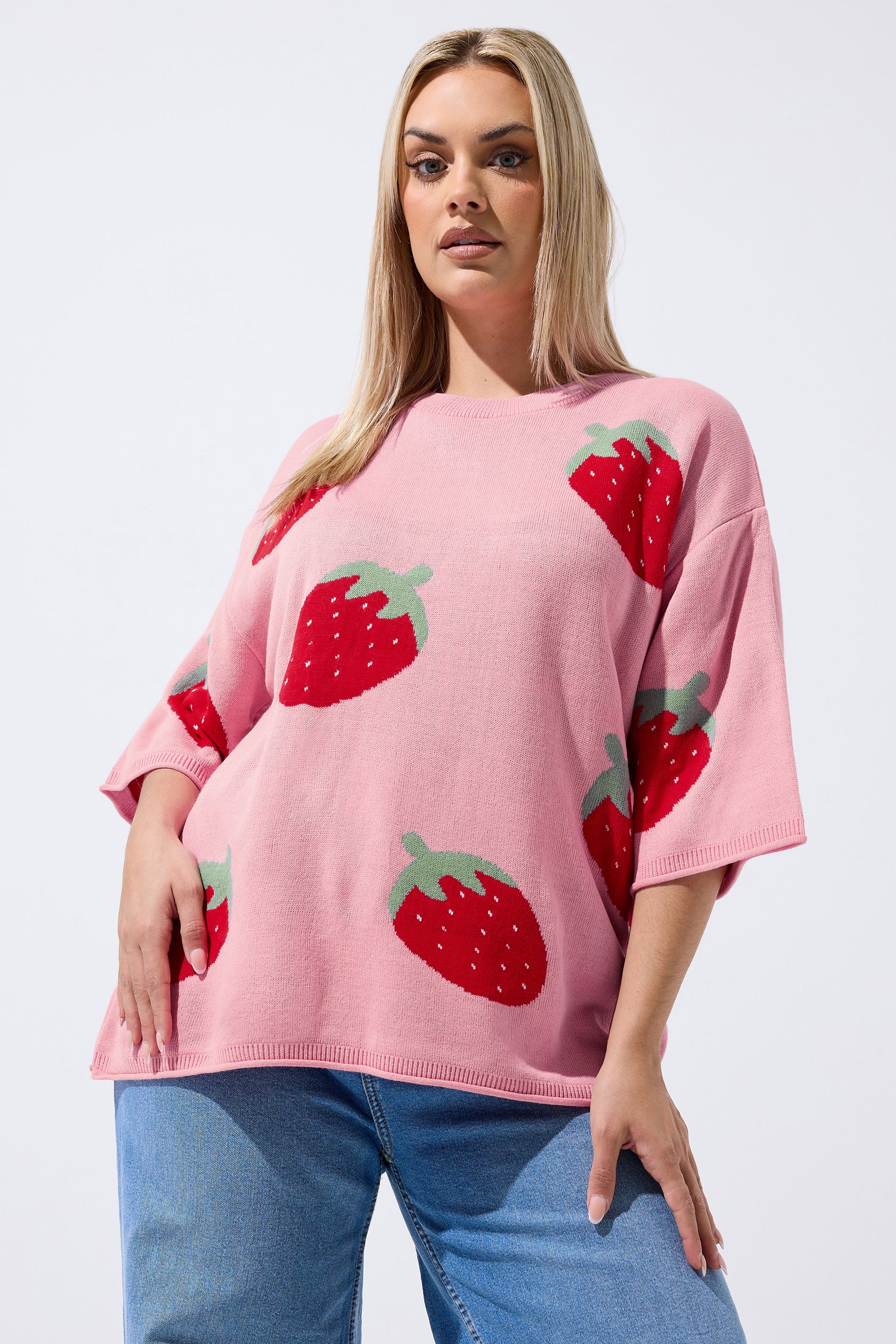LIMITED COLLECTION Plus Size Pink Strawberry knitted Boxy Top | Yours Clothing 3