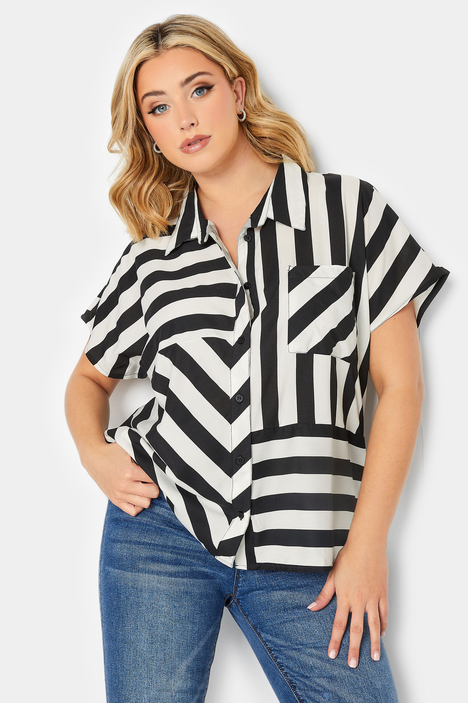 YOURS PETITE Plus Size Curve Black & White Stripe Shirt | Yours Clothing  1