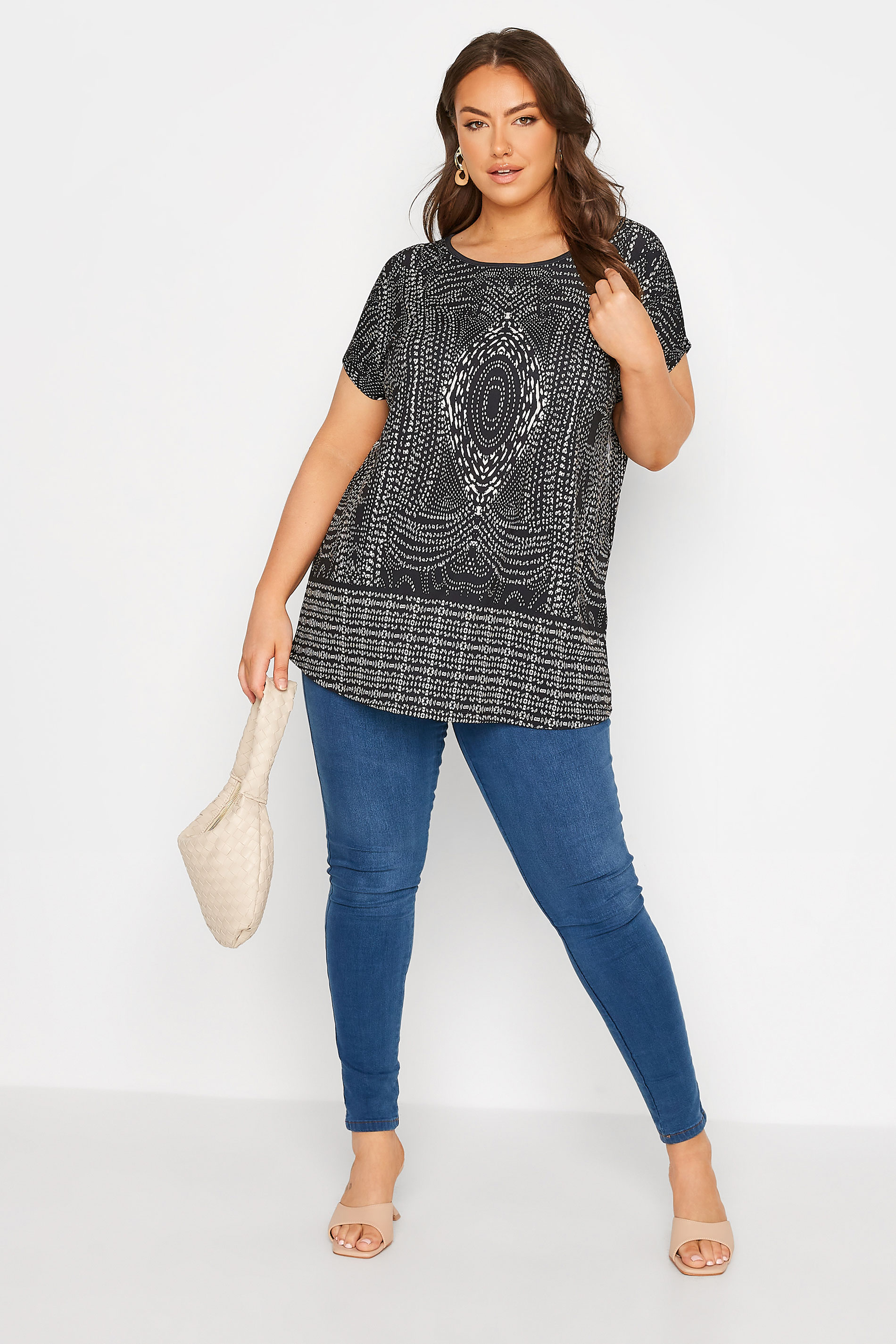 Grande taille  Tops Grande taille  T-Shirts | Curve Black Aztec Back Tie T-Shirt - PQ19510