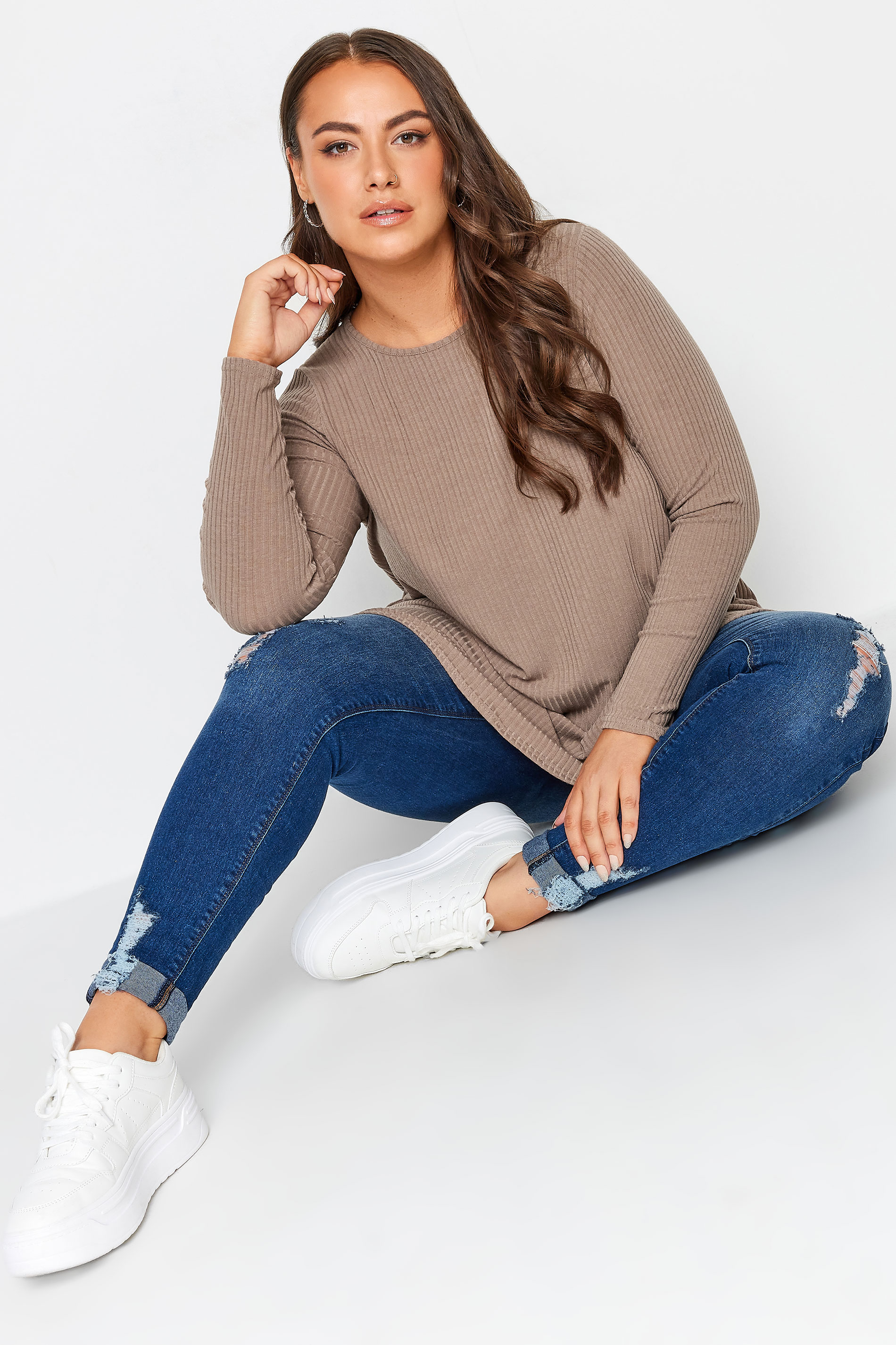 YOURS Plus Size Mocha Brown Ribbed Long Sleeve Swing Top | Yours Clothing 2