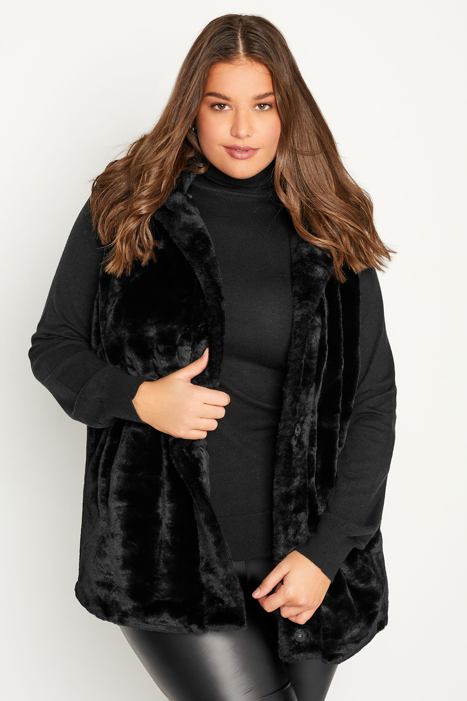 LTS Tall Women's Black Faux Fur Hooded Gilet | Long Tall Sally 1