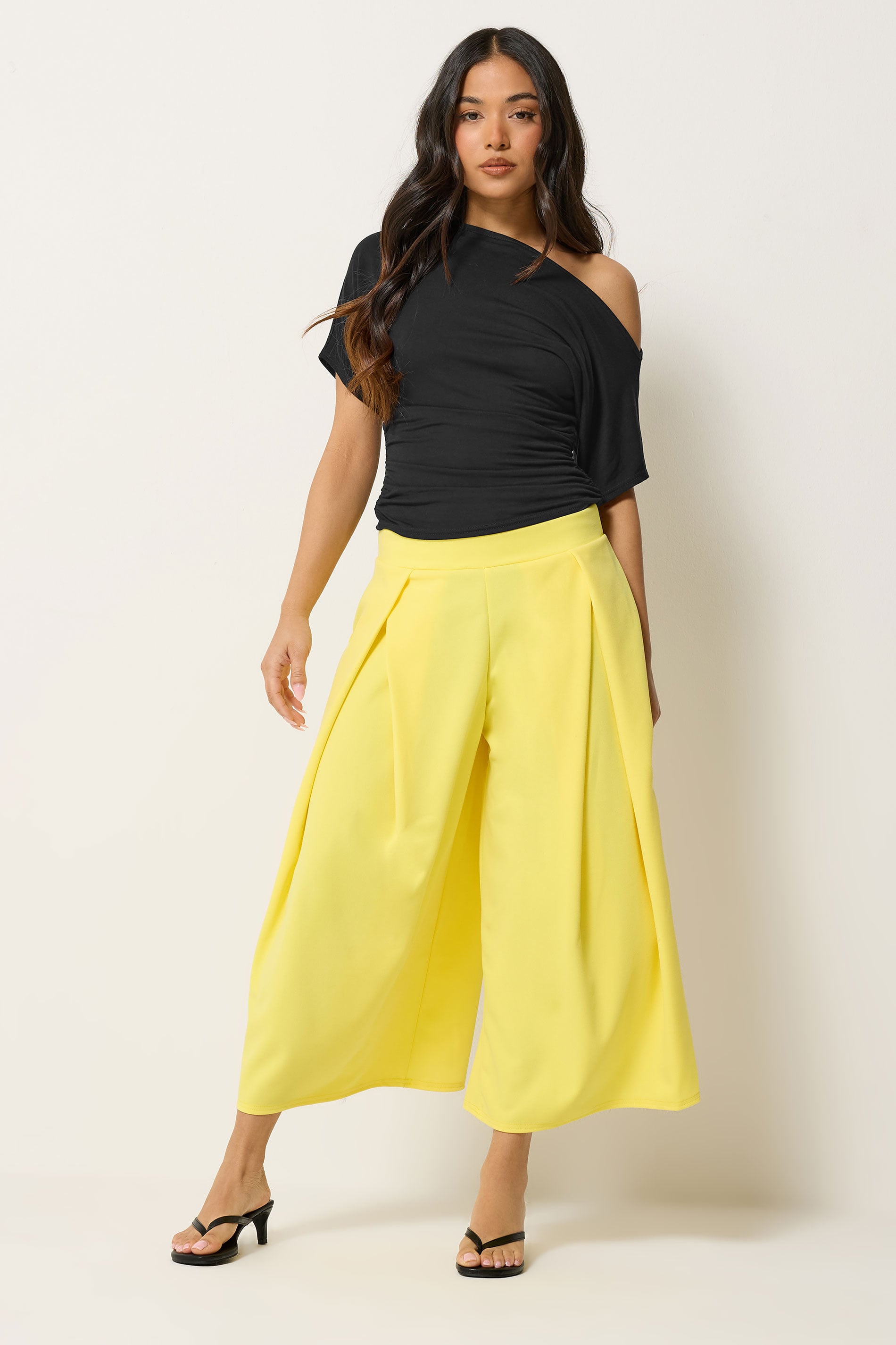 PixieGirl Petite Women's Yellow Pleated Cropped Wide Leg Trousers | PixieGirl  3