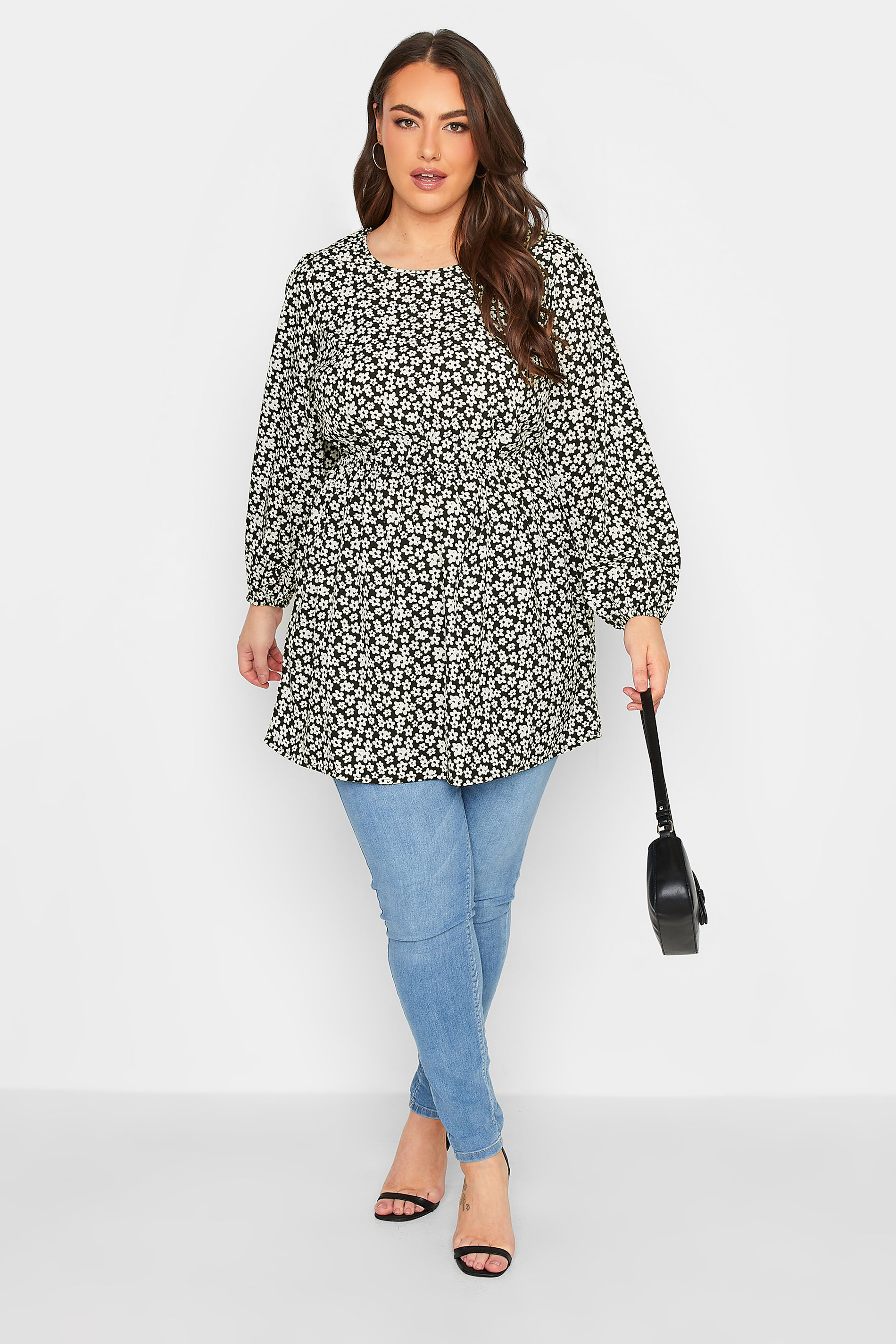 Curve Plus Size Black & White Floral Balloon Sleeve Shirred Waist Peplum Top | Yours Clothing  2