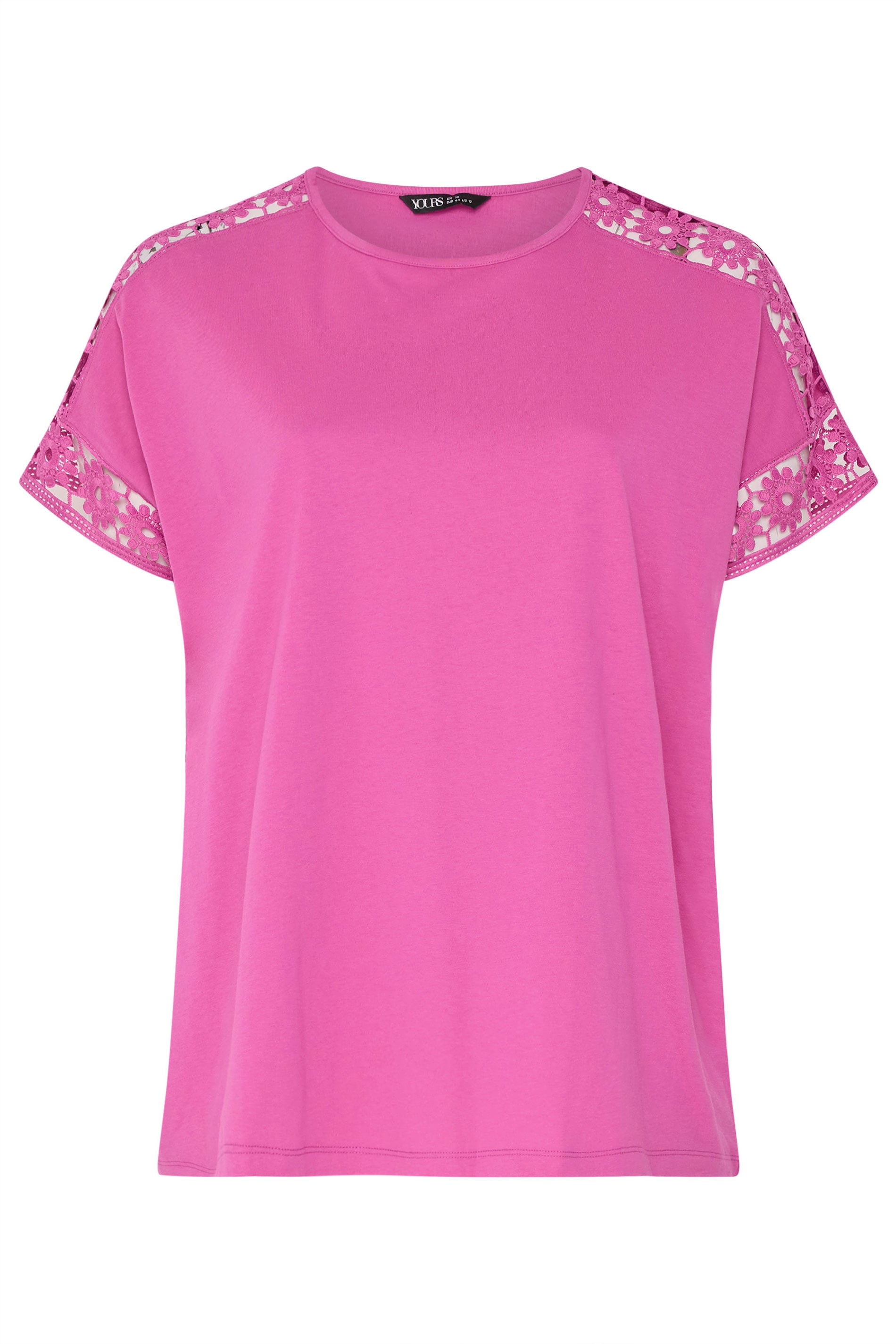 YOURS Curve Pink Crochet Sleeve Boxy T-Shirt | Yours Clothing 5
