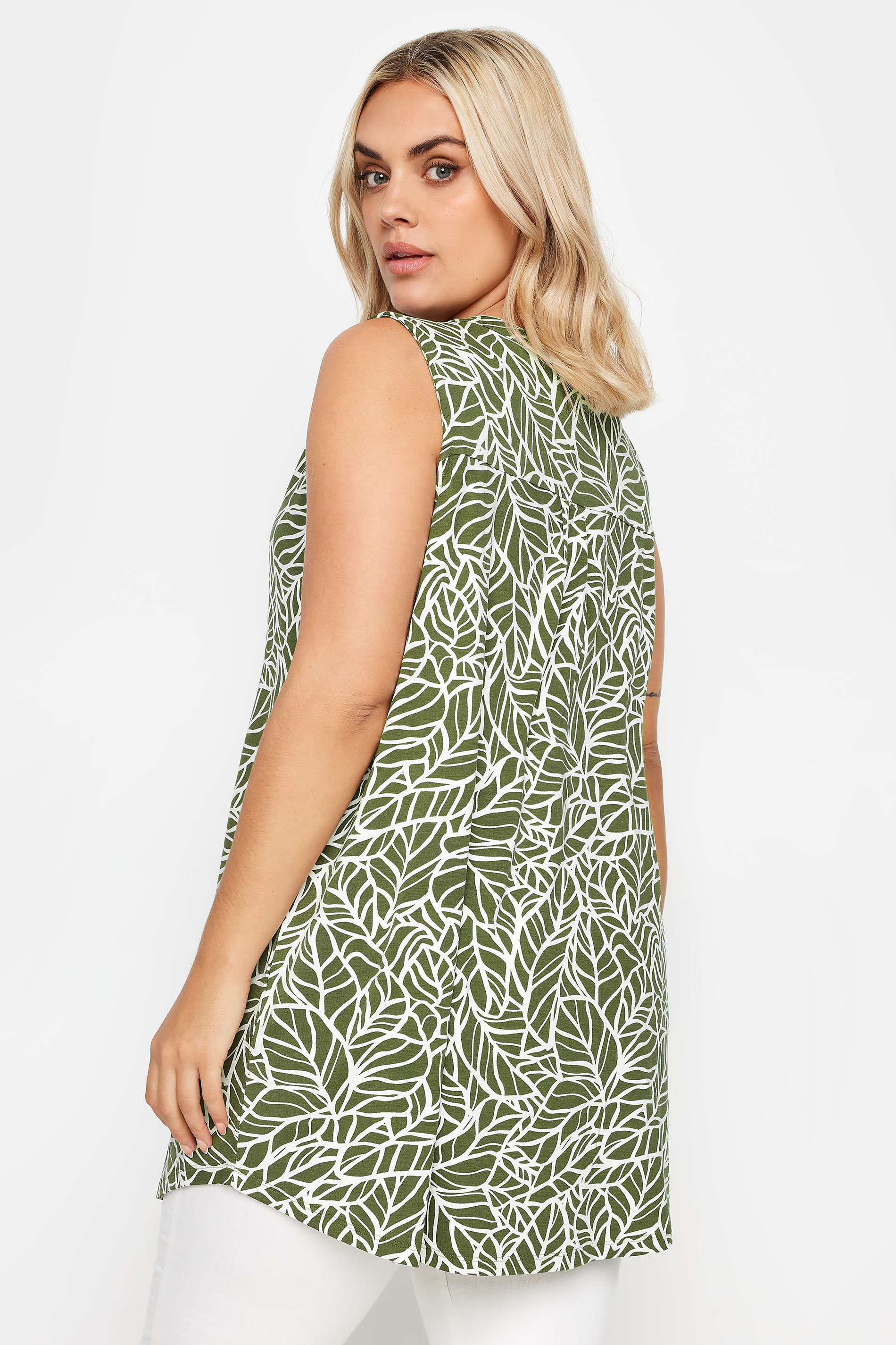 YOURS Plus Size Khaki Green Leaf Print Sleeveless Blouse | Yours Clothing 3